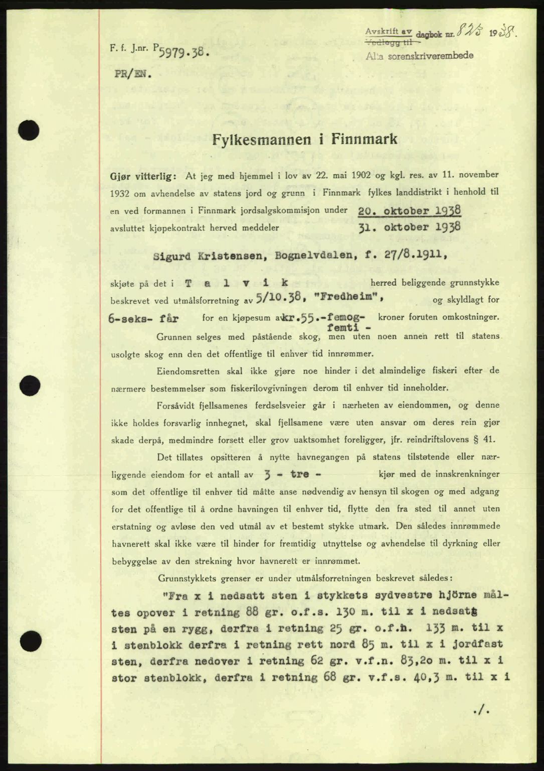 Alta fogderi/sorenskriveri, SATØ/SATØ-5/1/K/Kd/L0031pantebok: Mortgage book no. 31, 1938-1939, Diary no: : 823/1938
