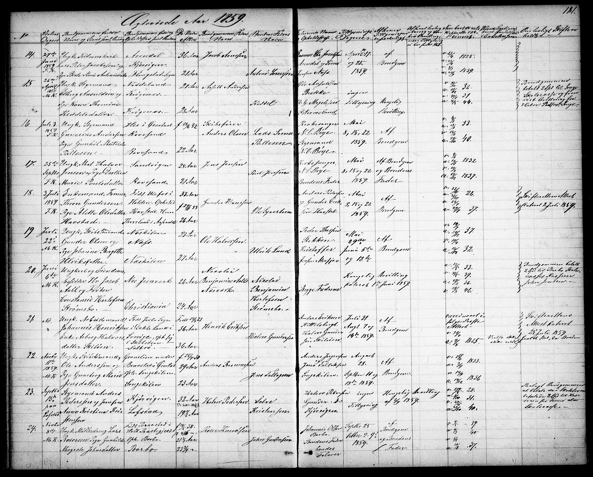 Tromøy sokneprestkontor, SAK/1111-0041/F/Fb/L0003: Parish register (copy) no. B 3, 1859-1868, p. 181