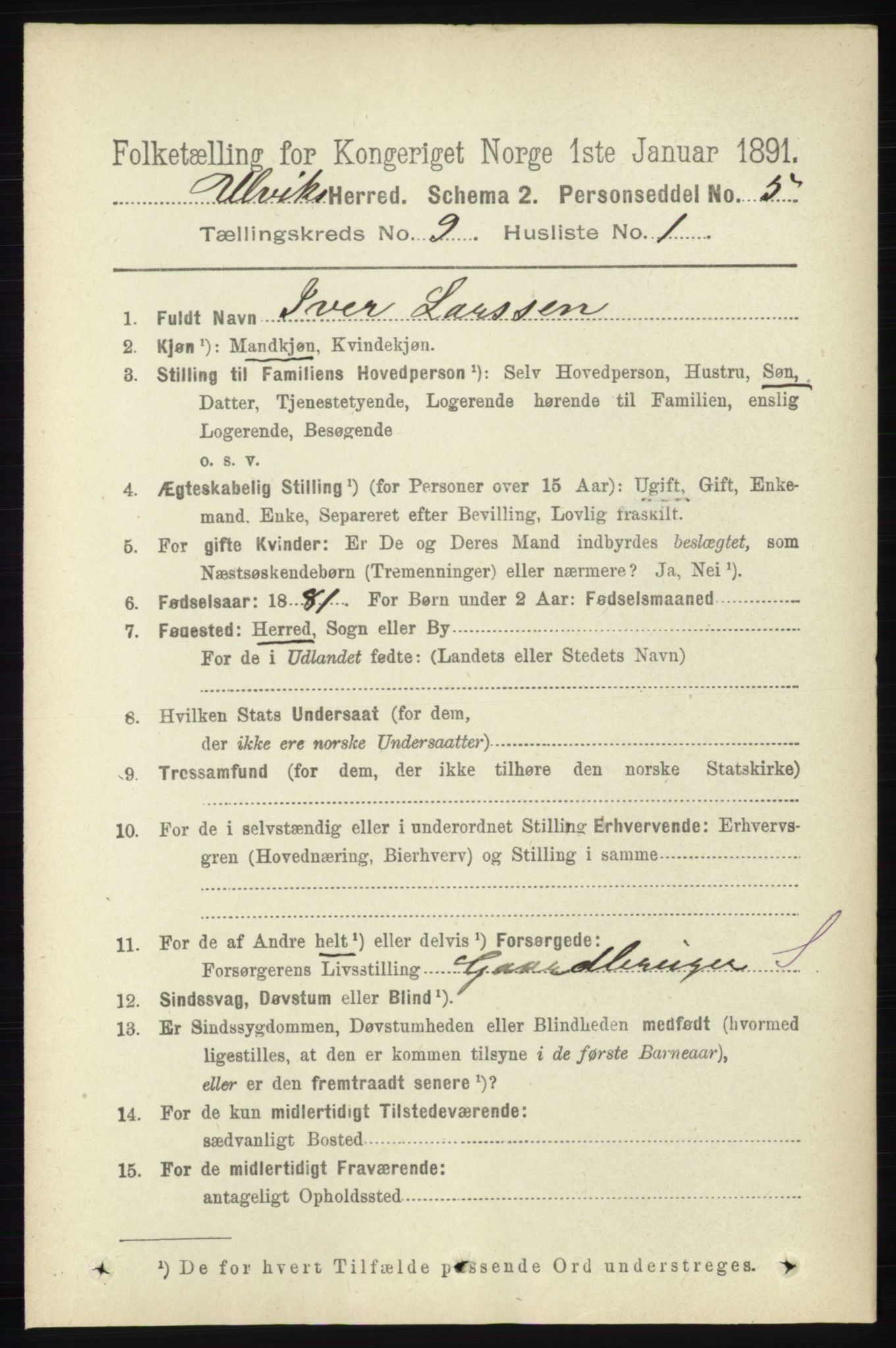 RA, 1891 census for 1233 Ulvik, 1891, p. 2877