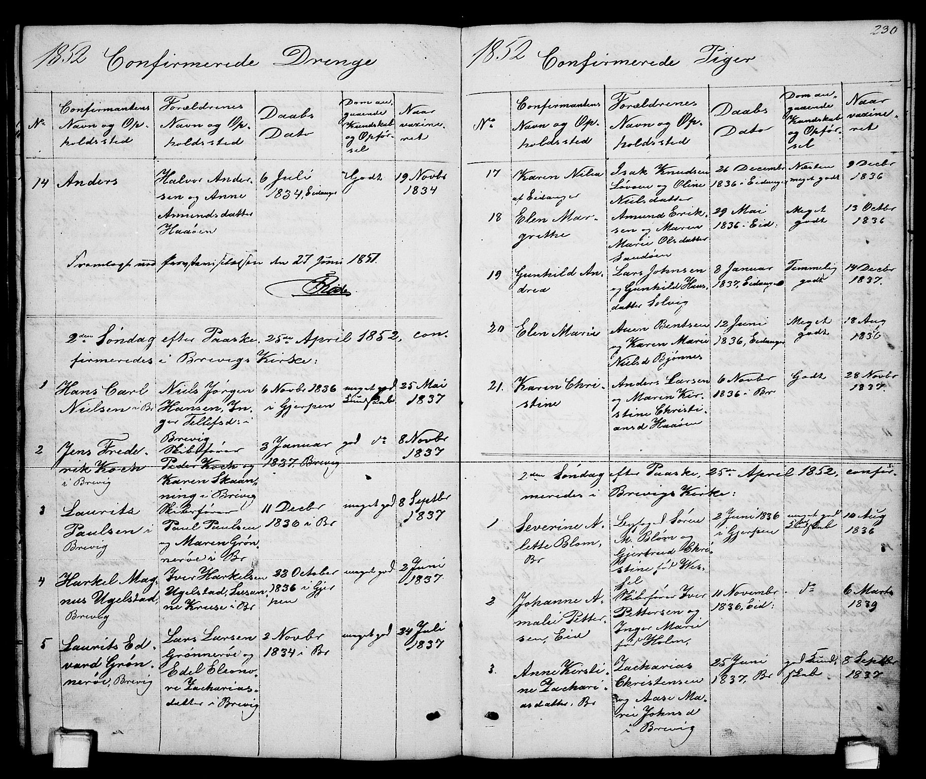 Brevik kirkebøker, SAKO/A-255/G/Ga/L0002: Parish register (copy) no. 2, 1846-1865, p. 230