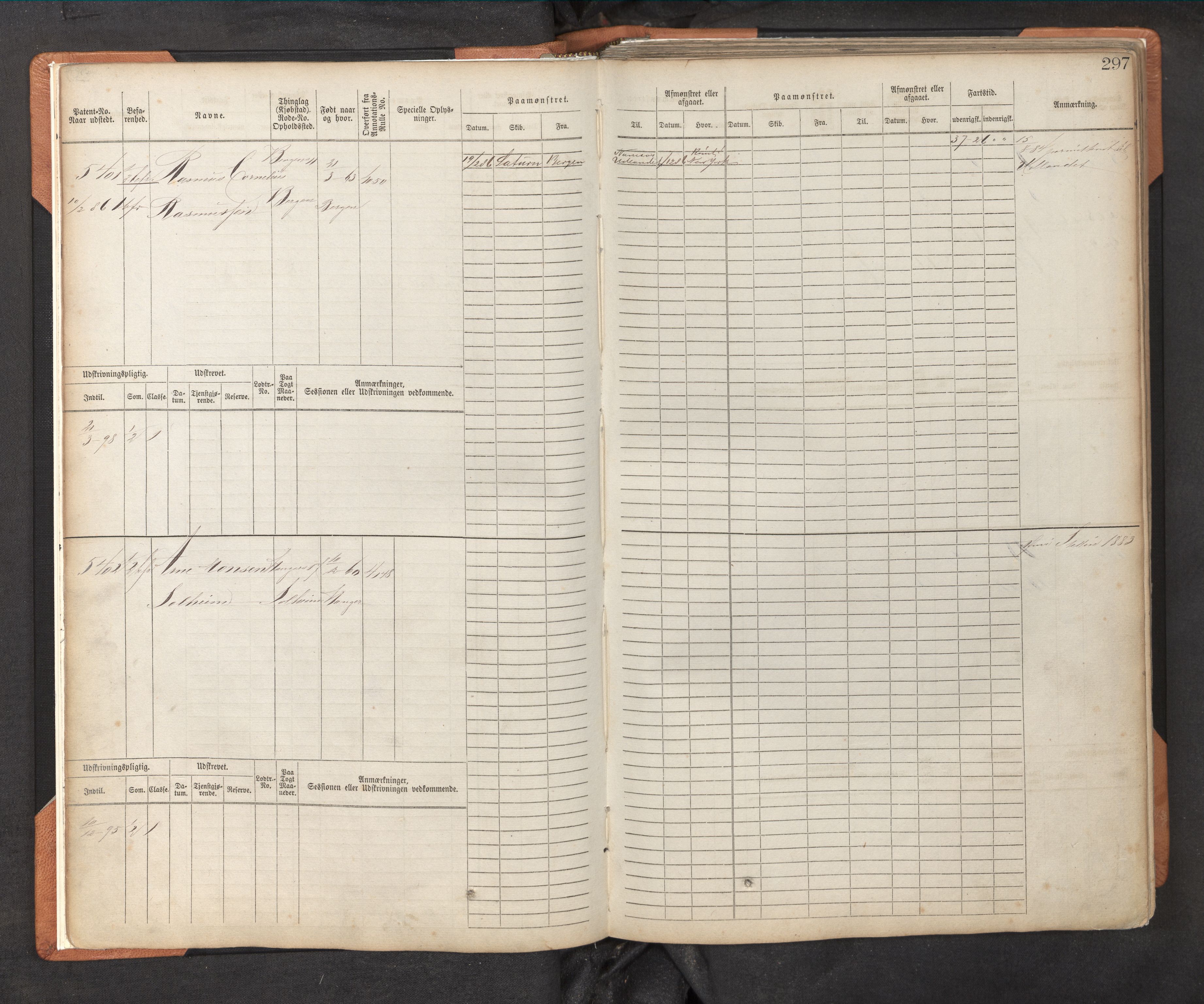 Innrulleringssjefen i Bergen, AV/SAB-A-100050/F/Fc/L0009: Sjøfartshovedrulle, nr. 5391 - 6010, 1882-1889, p. 297