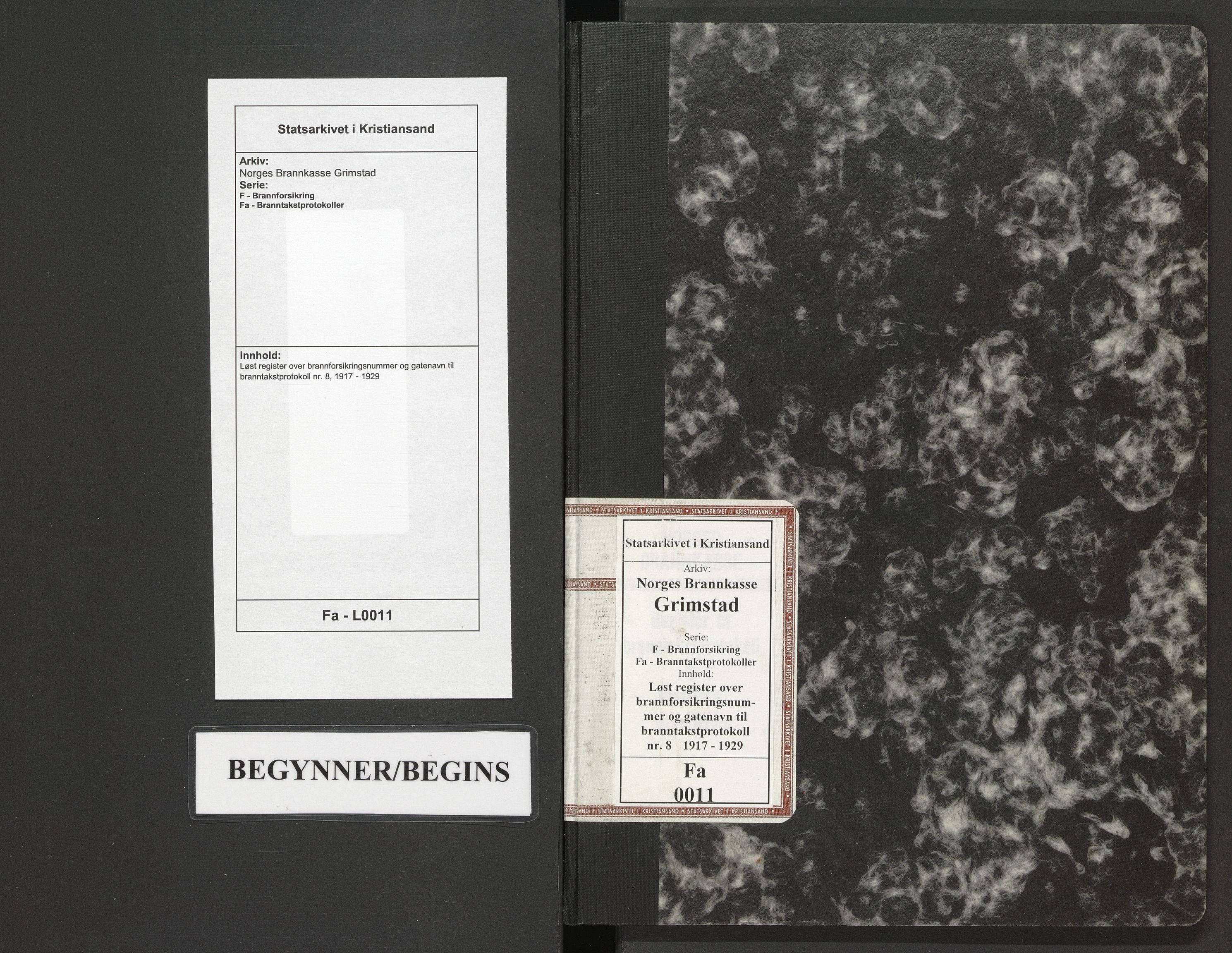 Norges Brannkasse Grimstad, AV/SAK-2241-0018/F/Fa/L0011: Løst register over brannforsikringsnummer og gatenavn til branntakstprotokoll nr. 8, 1917-1929