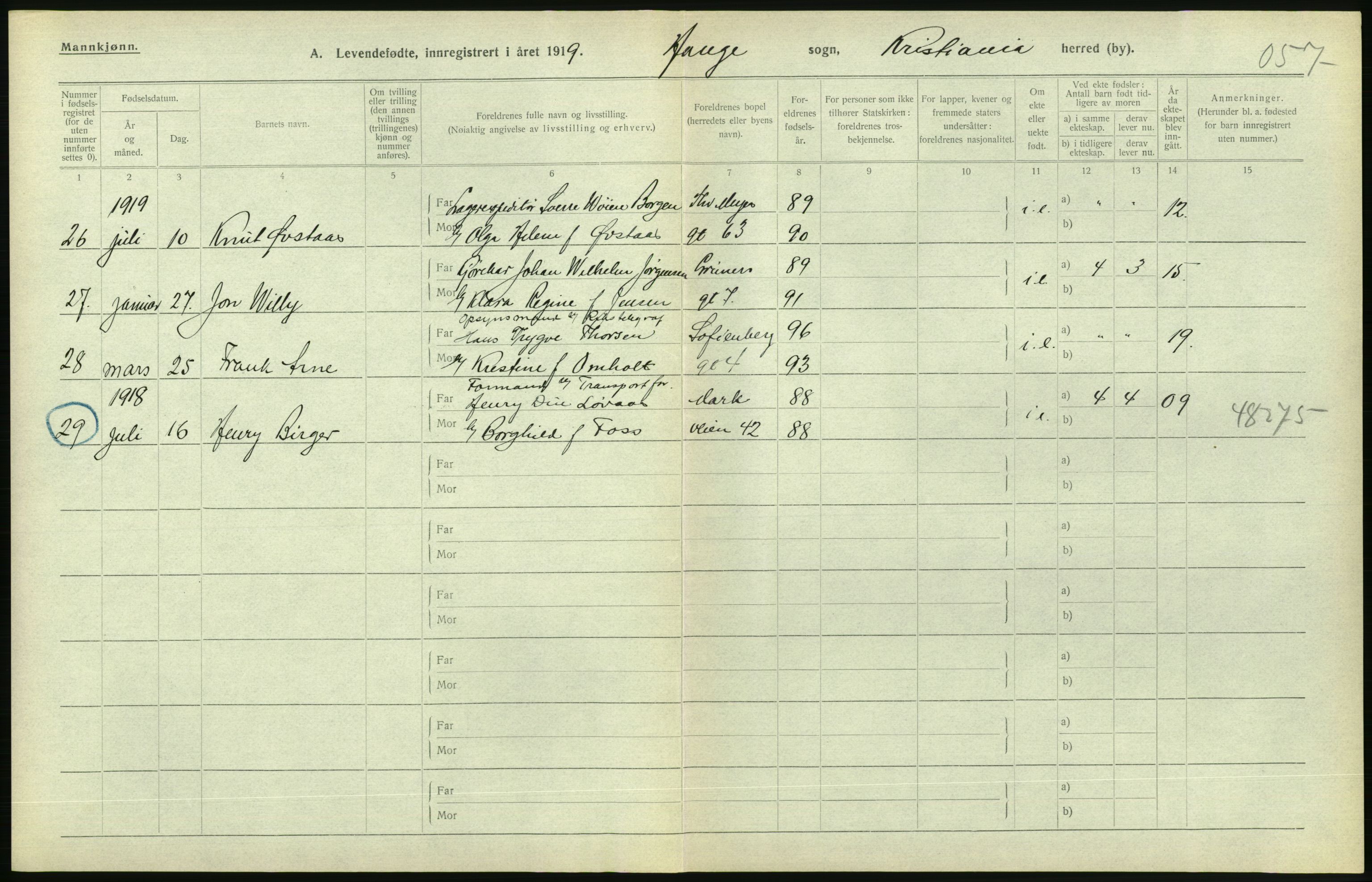 Statistisk sentralbyrå, Sosiodemografiske emner, Befolkning, AV/RA-S-2228/D/Df/Dfb/Dfbi/L0008: Kristiania: Levendefødte menn og kvinner., 1919