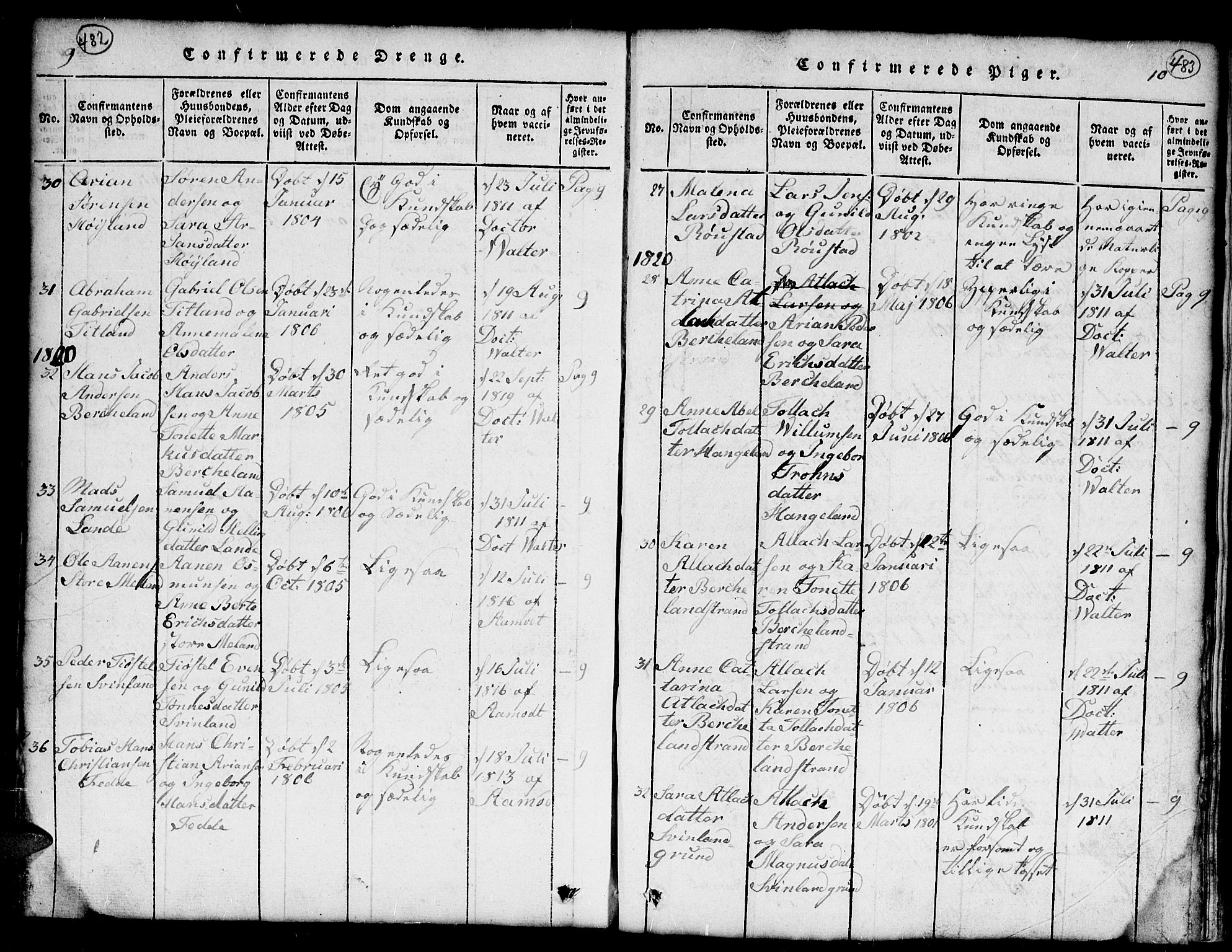 Kvinesdal sokneprestkontor, SAK/1111-0026/F/Fb/Fba/L0001: Parish register (copy) no. B 1, 1815-1839, p. 482-483