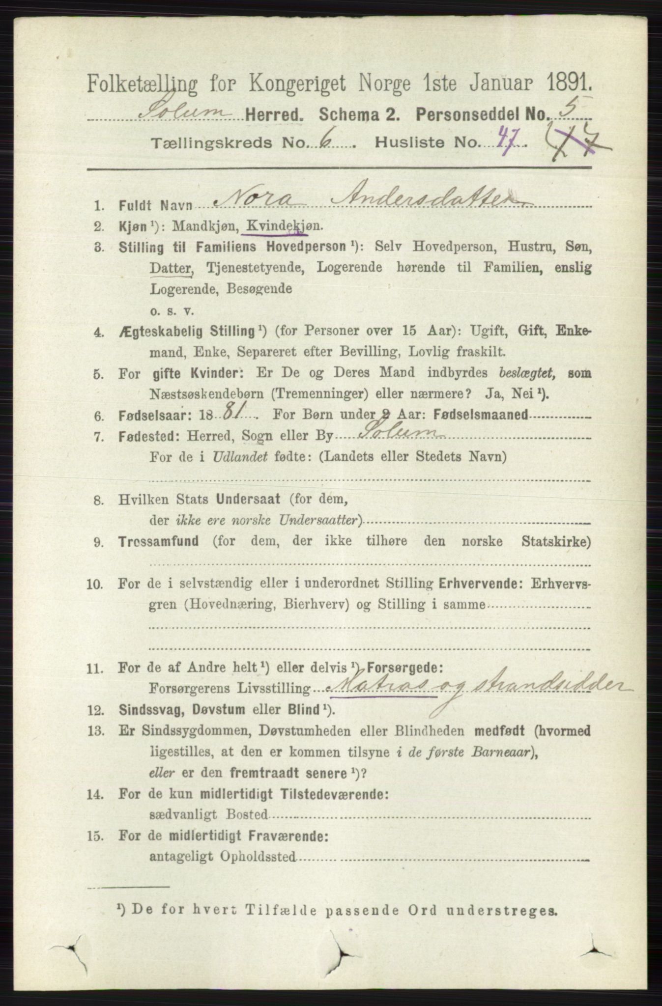 RA, 1891 census for 0818 Solum, 1891, p. 1456