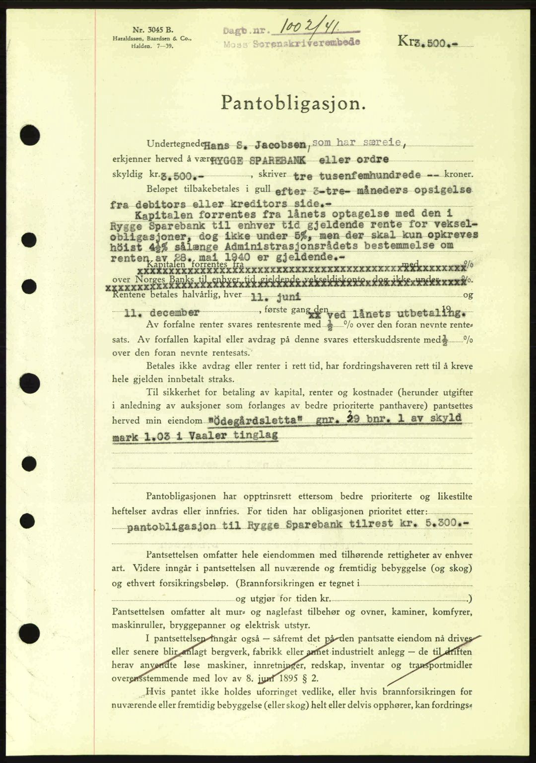 Moss sorenskriveri, SAO/A-10168: Mortgage book no. B10, 1940-1941, Diary no: : 1002/1941