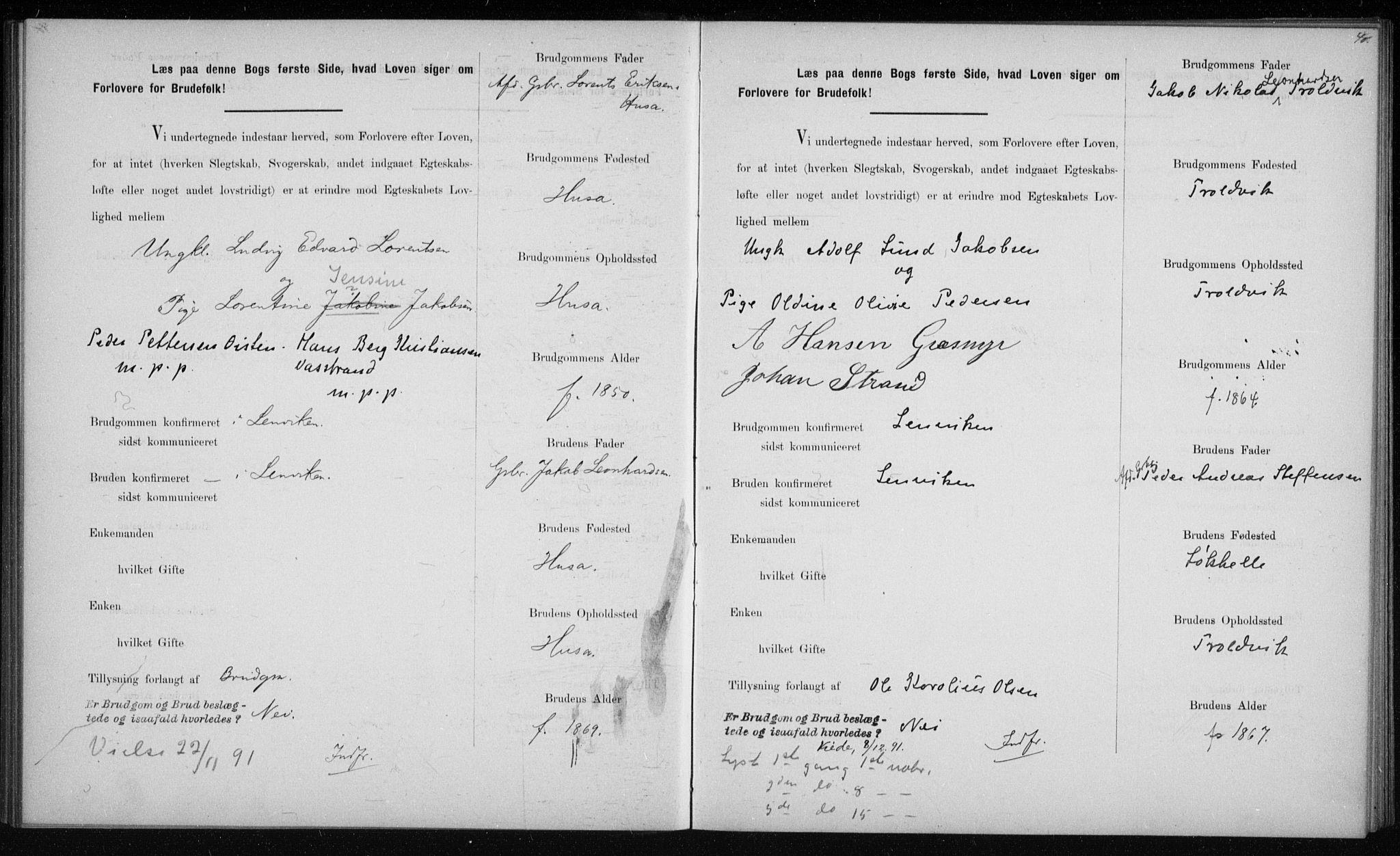 Lenvik sokneprestembete, SATØ/S-1310/I/Ie/L0129: Banns register no. 129, 1890-1895, p. 40