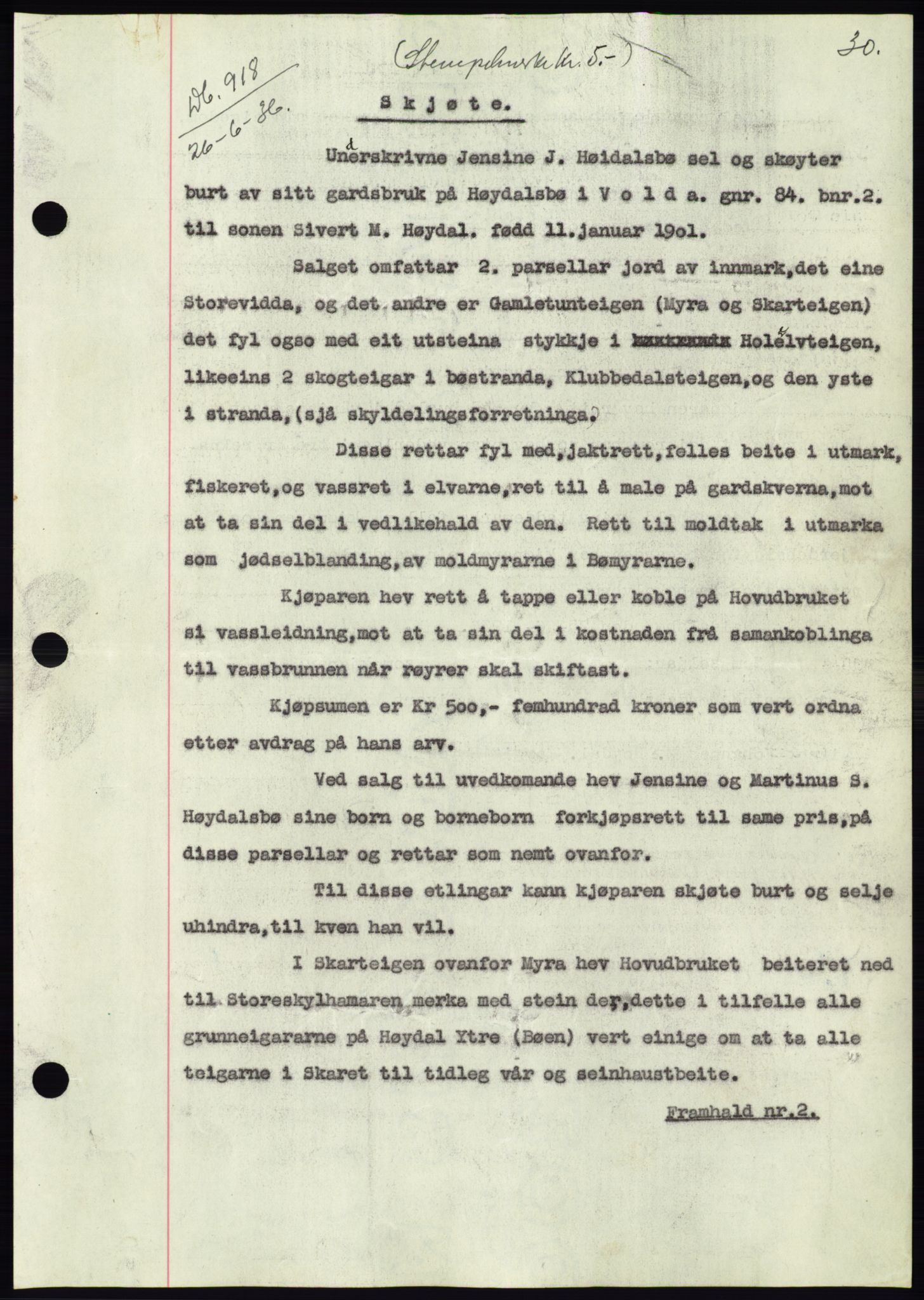 Søre Sunnmøre sorenskriveri, AV/SAT-A-4122/1/2/2C/L0061: Mortgage book no. 55, 1936-1936, Diary no: : 918/1936