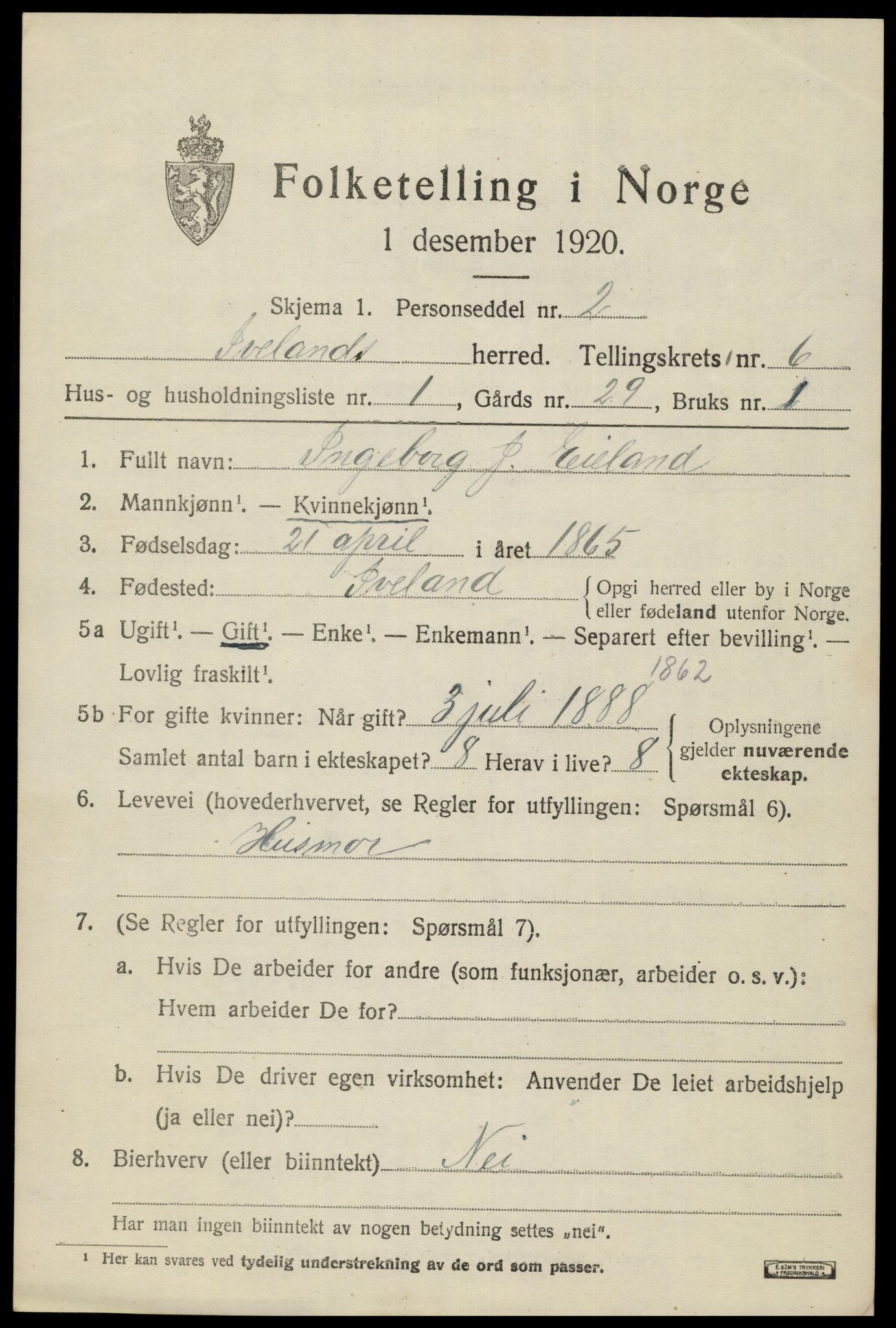 SAK, 1920 census for Iveland, 1920, p. 1929