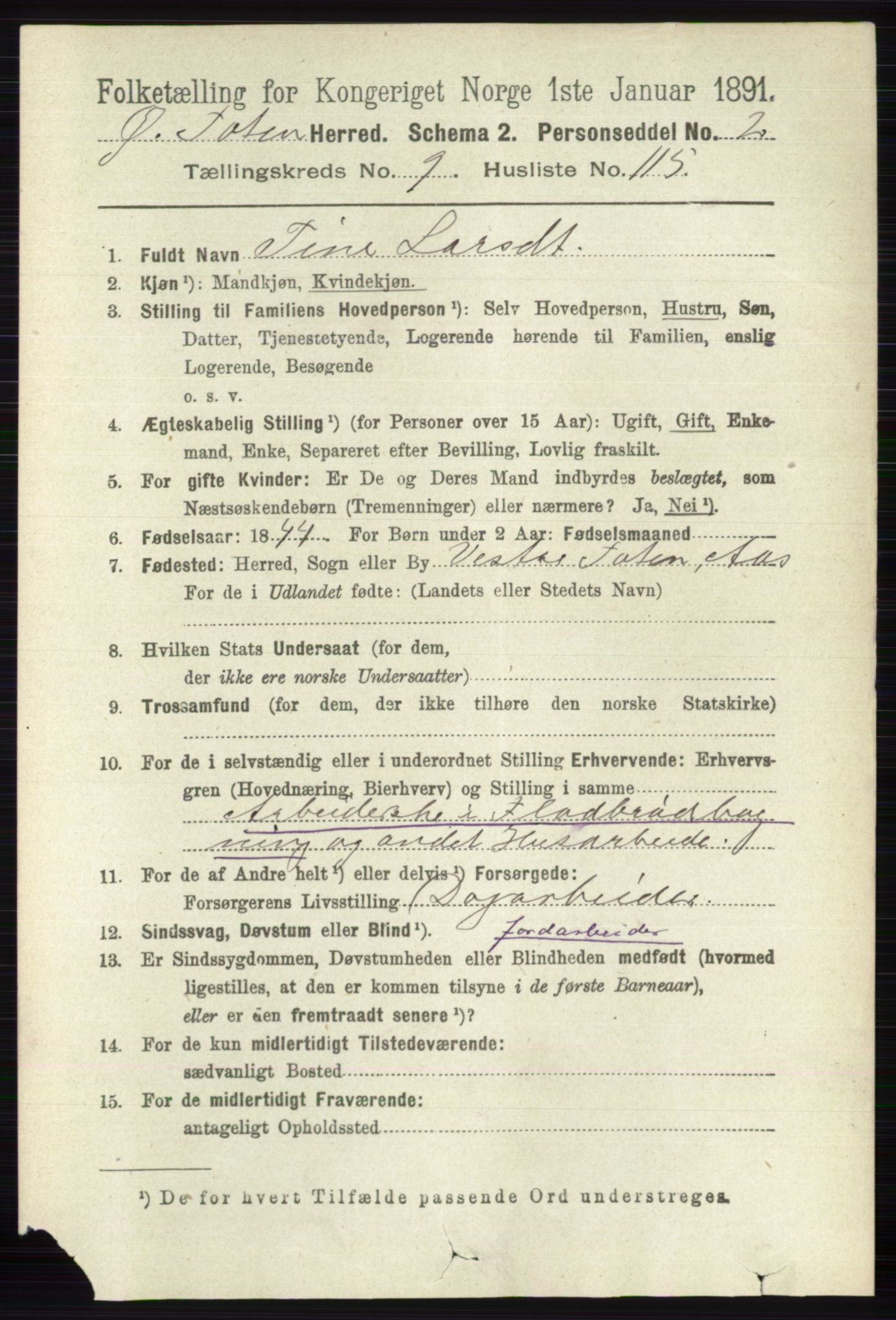 RA, 1891 census for 0528 Østre Toten, 1891, p. 6287