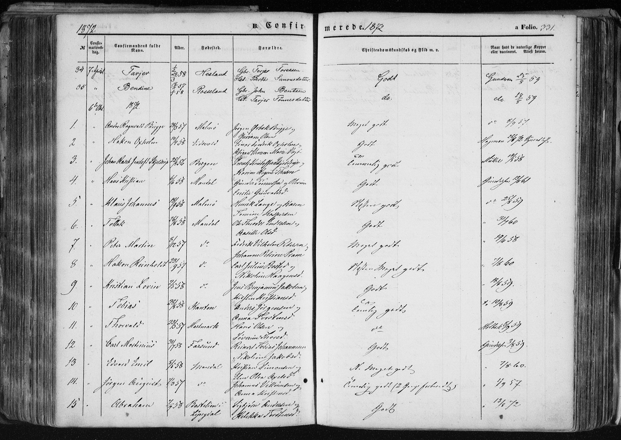 Mandal sokneprestkontor, AV/SAK-1111-0030/F/Fa/Faa/L0014: Parish register (official) no. A 14, 1859-1872, p. 331