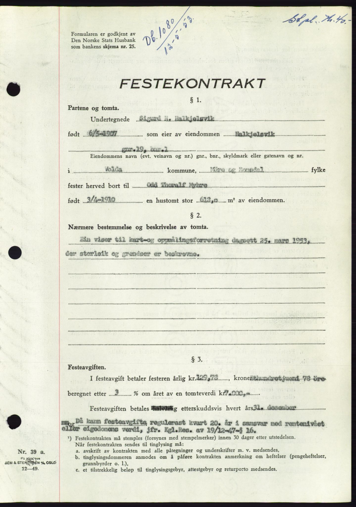 Søre Sunnmøre sorenskriveri, AV/SAT-A-4122/1/2/2C/L0094: Mortgage book no. 20A, 1953-1953, Diary no: : 1080/1953