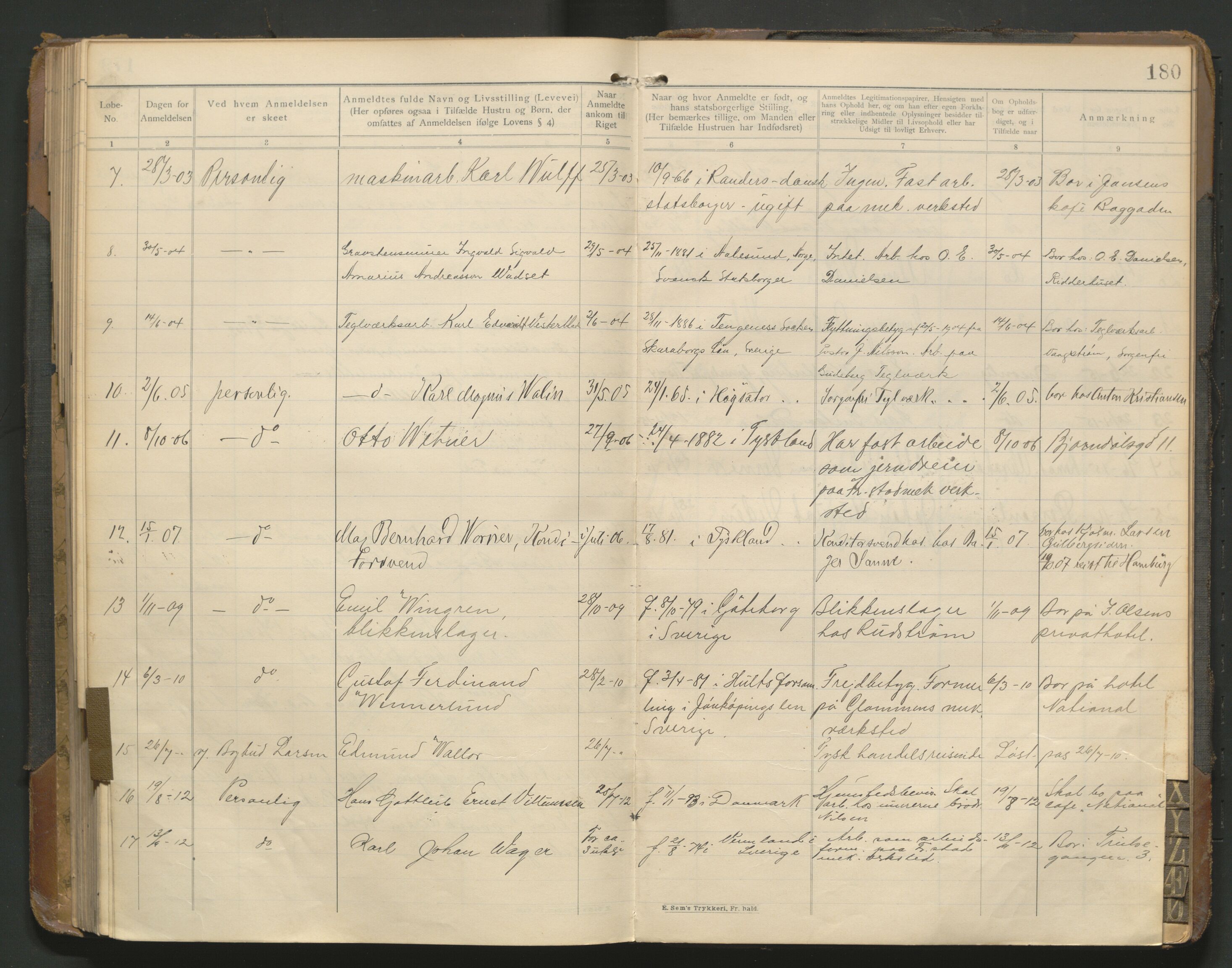 Fredrikstad politikammer, AV/SAO-A-10055/H/Hb/Hba/L0001: Protokoll over fremmede statsborgere, 1901-1916, p. 179b-180a