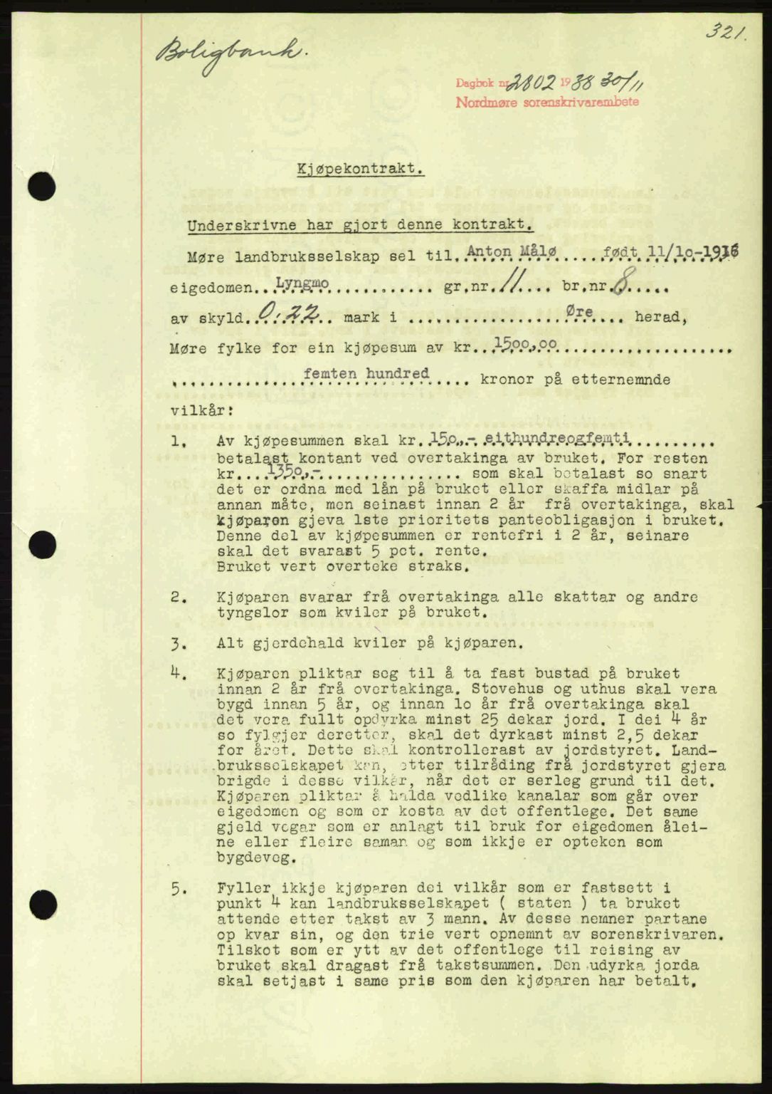 Nordmøre sorenskriveri, SAT/A-4132/1/2/2Ca: Mortgage book no. B84, 1938-1939, Diary no: : 2802/1938