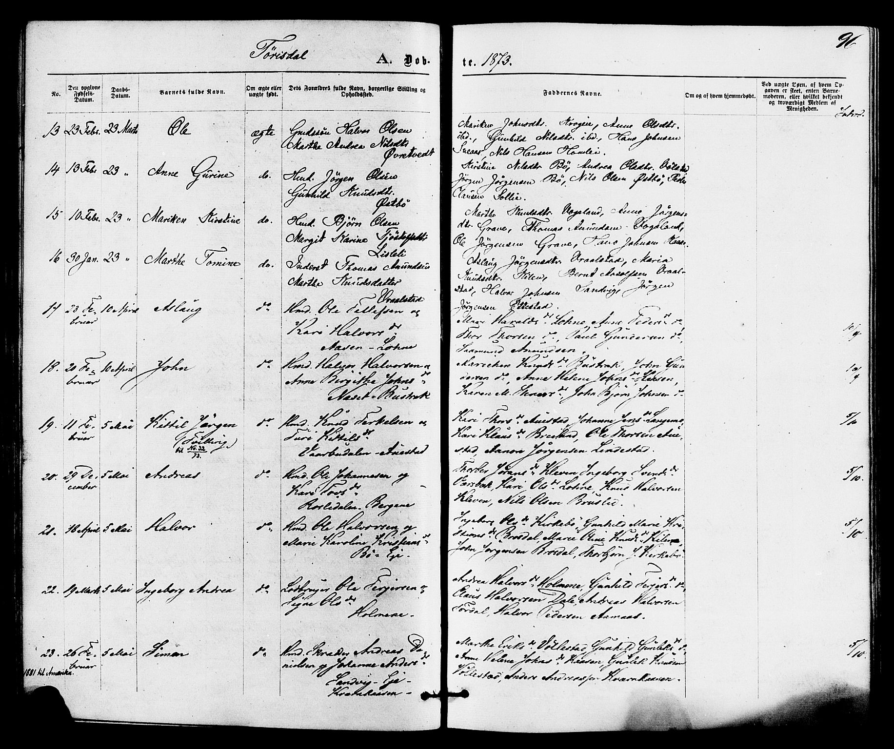 Drangedal kirkebøker, AV/SAKO-A-258/F/Fa/L0009: Parish register (official) no. 9 /2, 1872-1884, p. 96