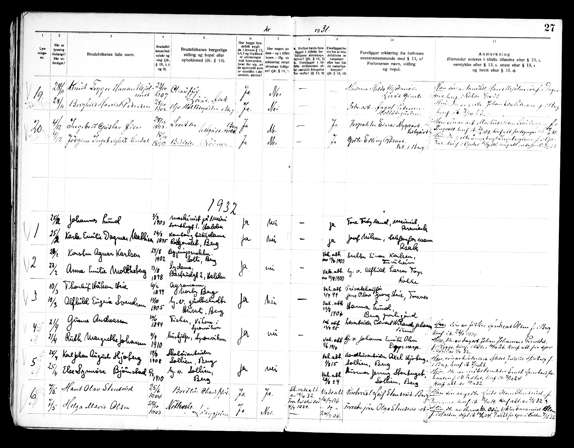Berg prestekontor Kirkebøker, SAO/A-10902/H/Ha/L0002: Banns register no. I 2, 1919-1966, p. 27