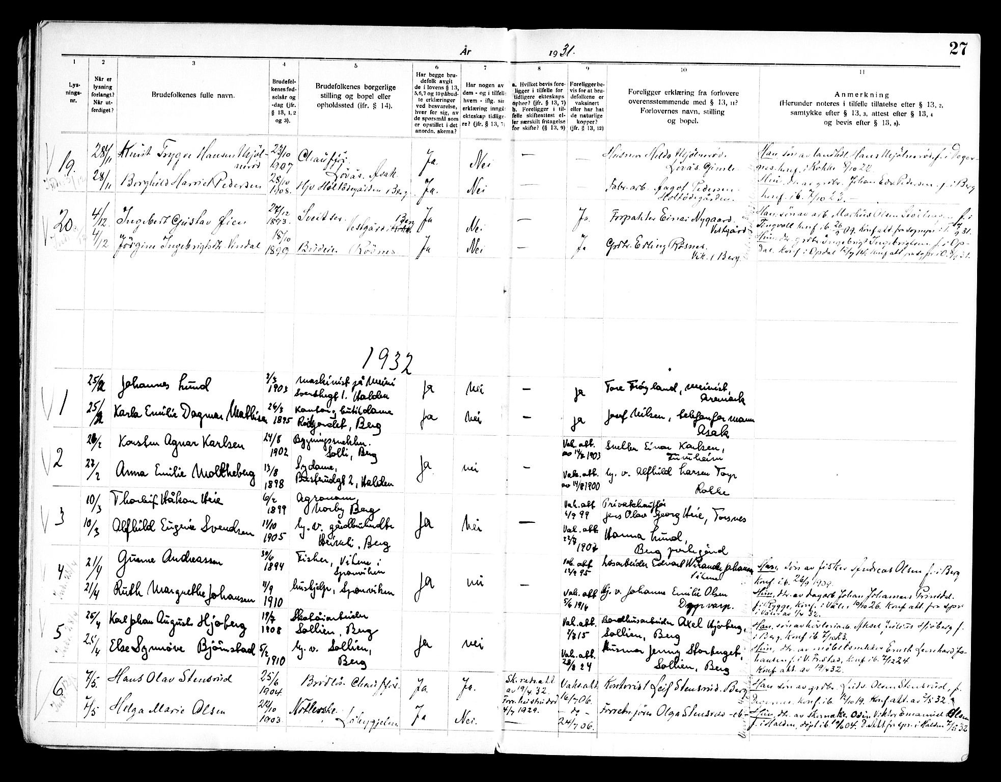 Berg prestekontor Kirkebøker, AV/SAO-A-10902/H/Ha/L0002: Banns register no. I 2, 1919-1966, p. 27