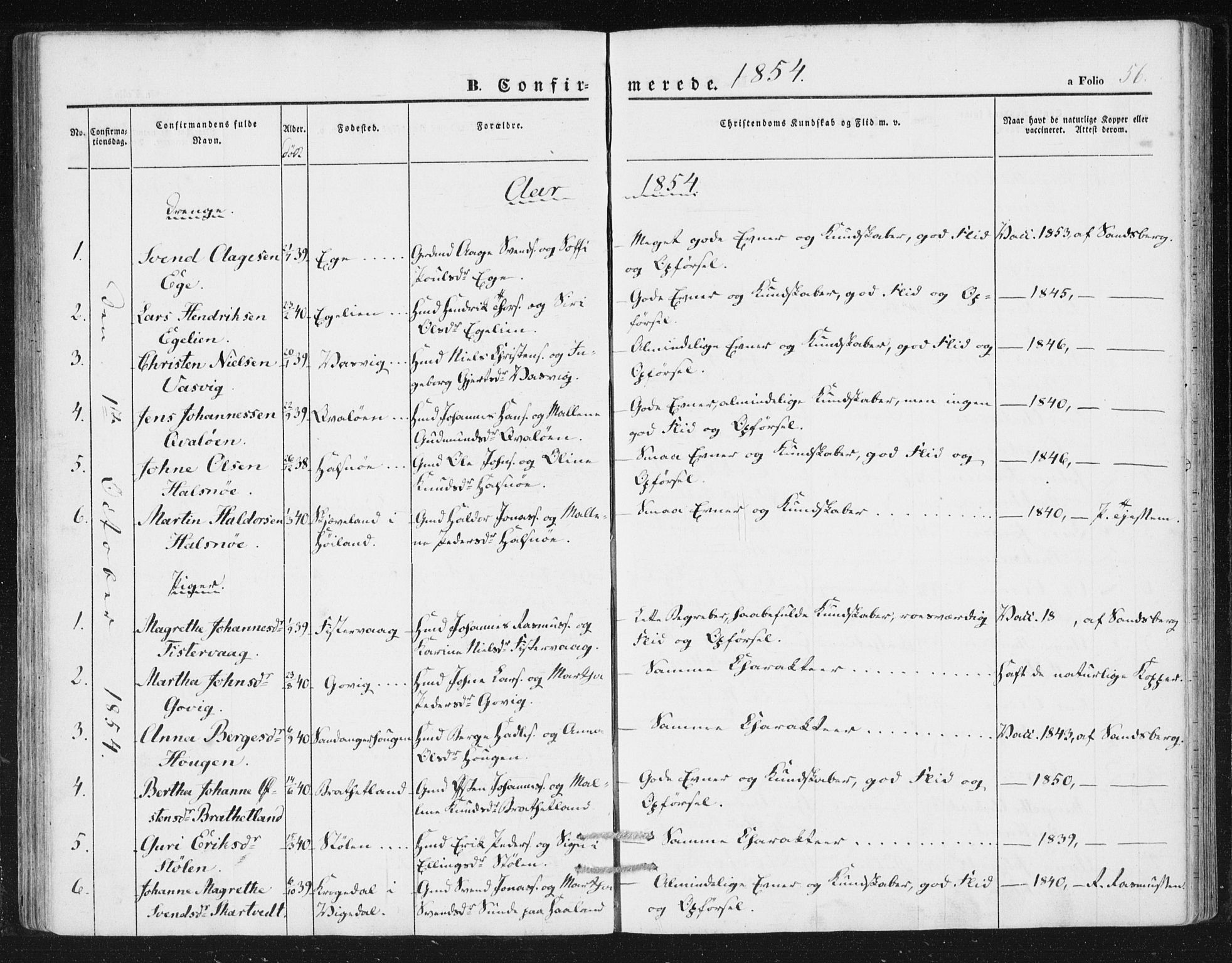 Hjelmeland sokneprestkontor, SAST/A-101843/01/IV/L0010: Parish register (official) no. A 10, 1851-1871, p. 56