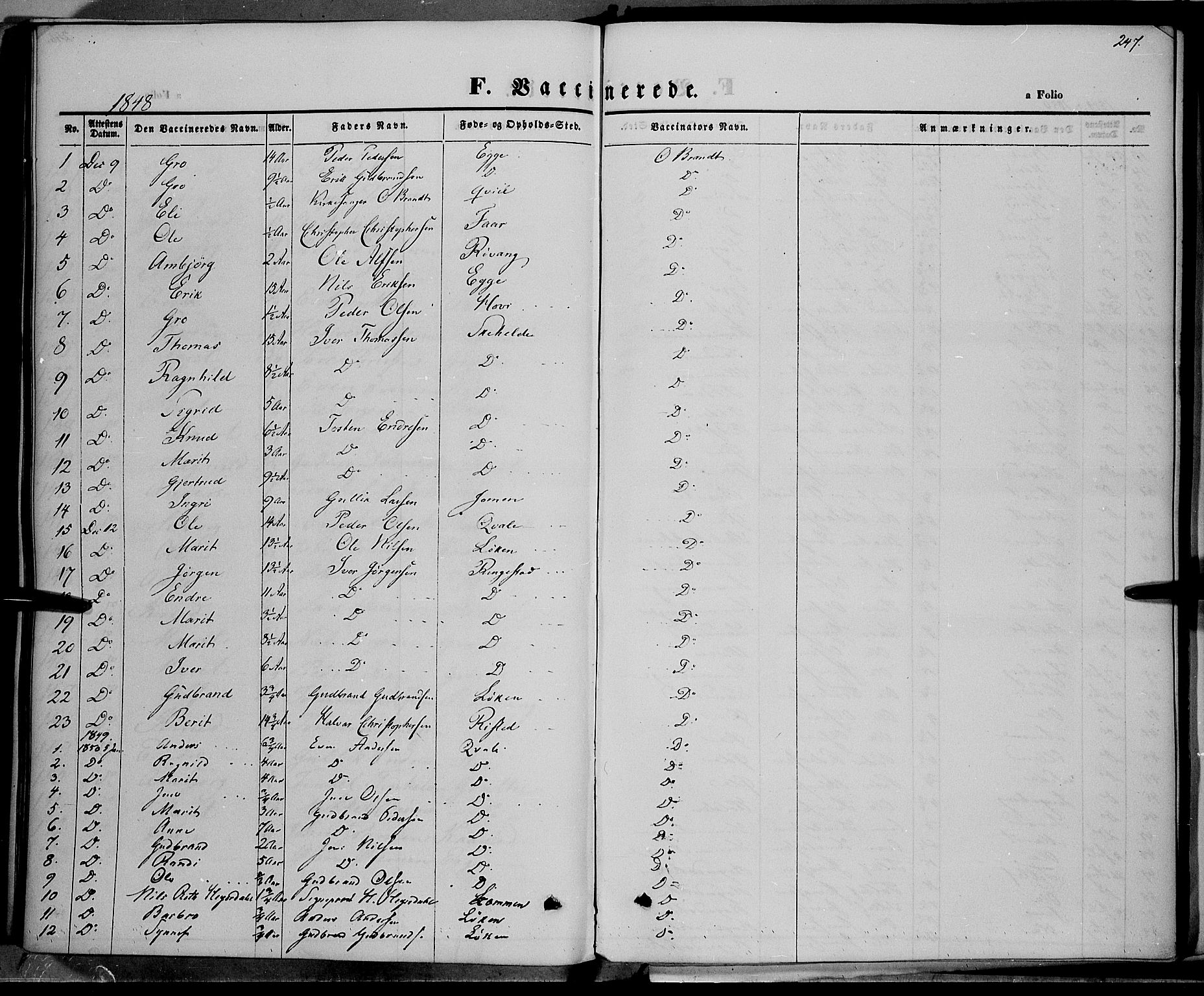Vestre Slidre prestekontor, SAH/PREST-136/H/Ha/Haa/L0001: Parish register (official) no. 1, 1844-1855, p. 247