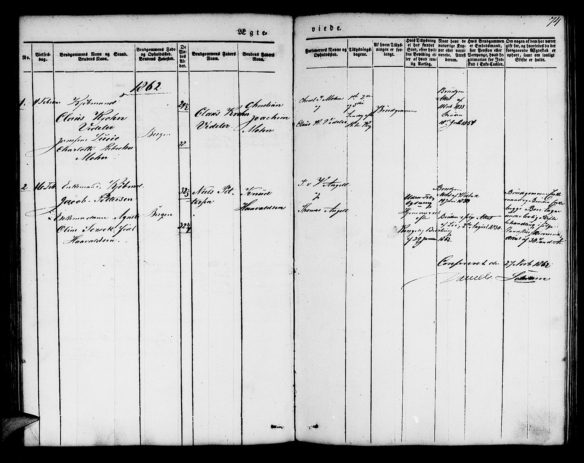Mariakirken Sokneprestembete, SAB/A-76901/H/Hab/L0002: Parish register (copy) no. A 2, 1846-1862, p. 74