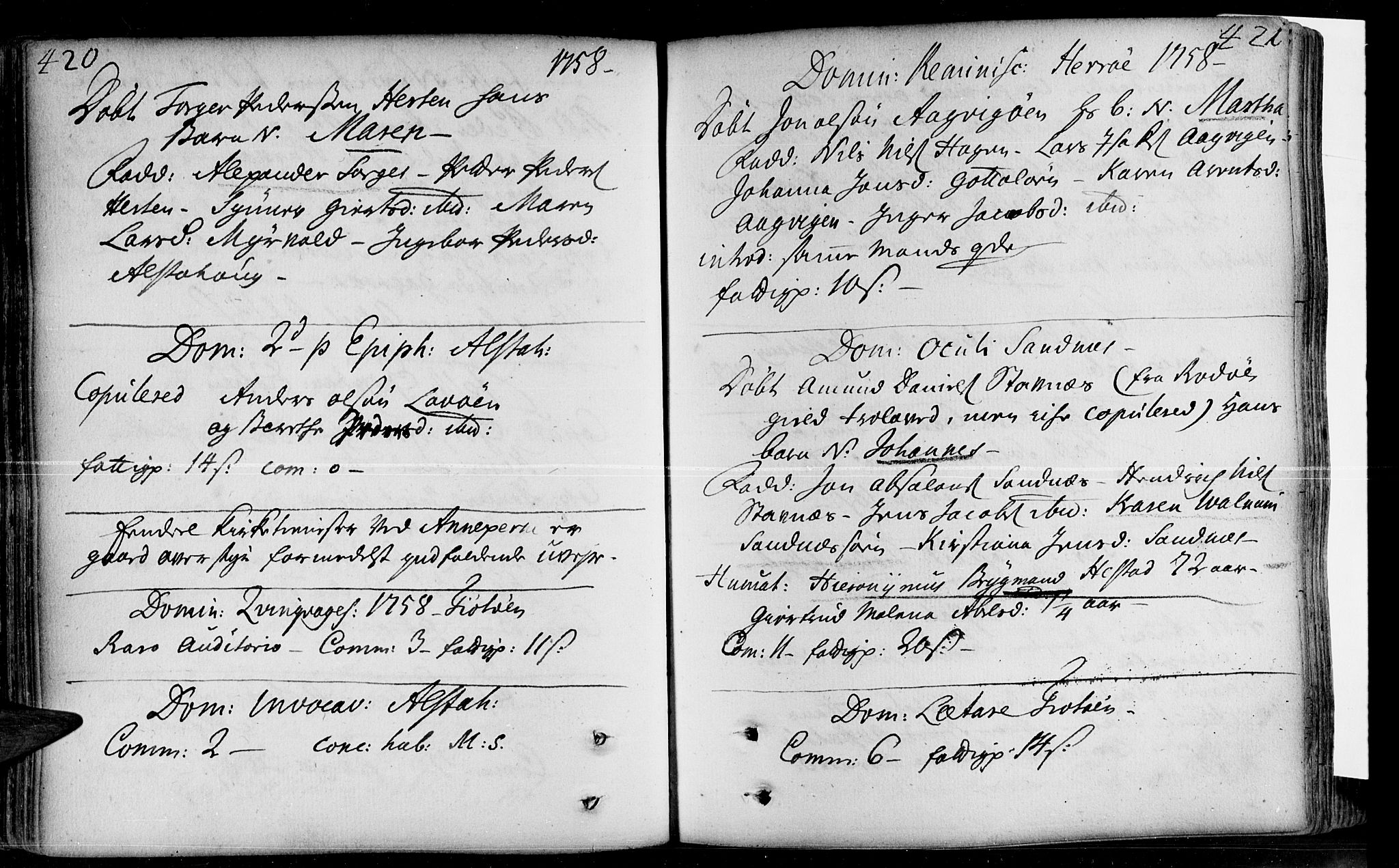 Ministerialprotokoller, klokkerbøker og fødselsregistre - Nordland, AV/SAT-A-1459/830/L0435: Parish register (official) no. 830A04, 1737-1768, p. 420-421