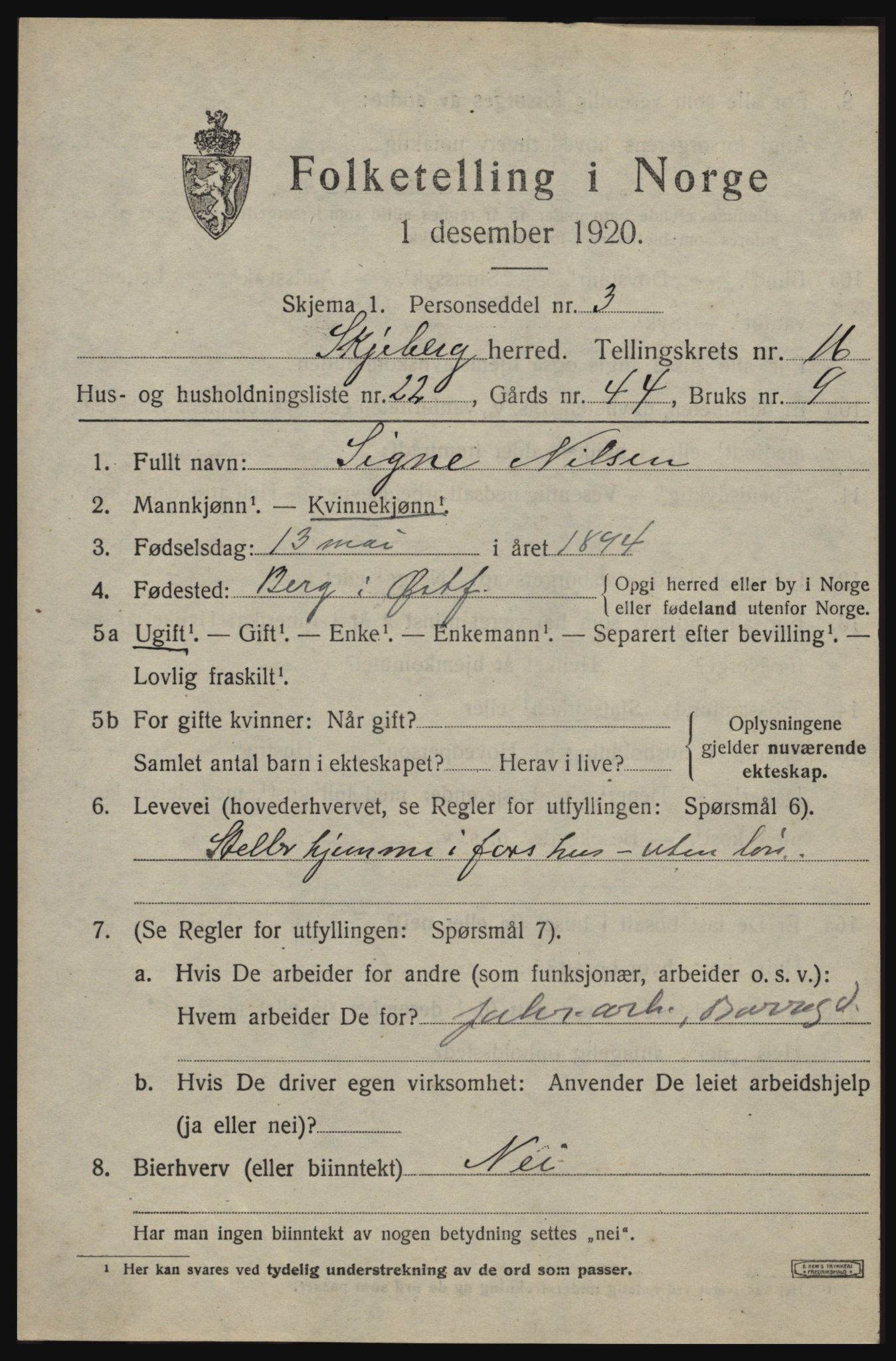 SAO, 1920 census for Skjeberg, 1920, p. 15089