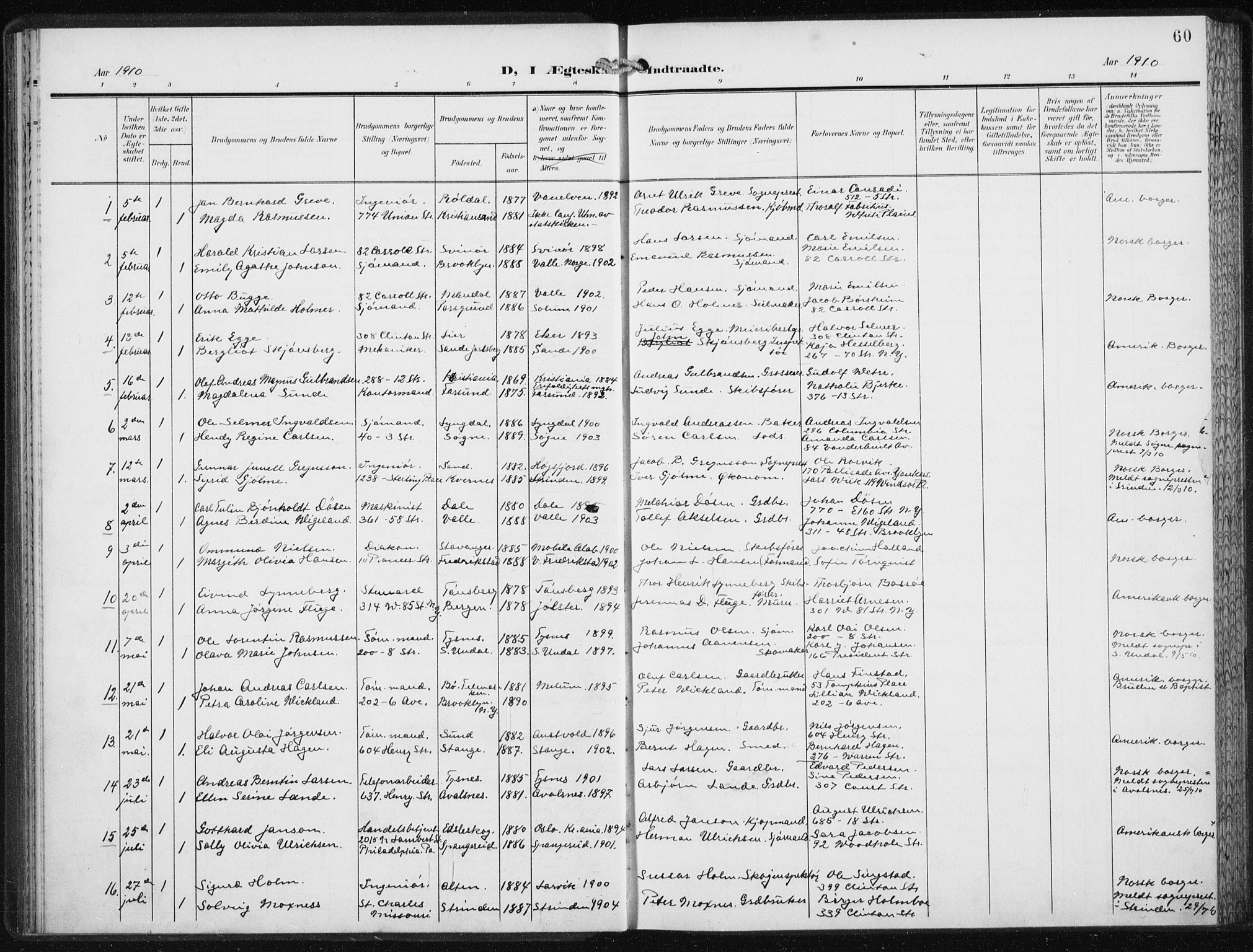 Den norske sjømannsmisjon i utlandet/New York, SAB/SAB/PA-0110/H/Ha/L0006: Parish register (official) no. A 6, 1909-1914, p. 60