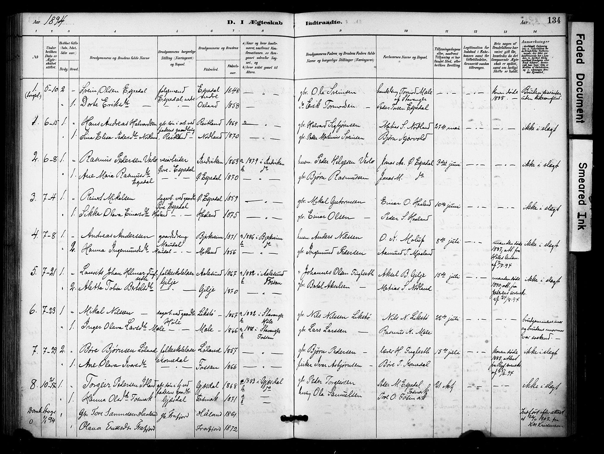 Høgsfjord sokneprestkontor, SAST/A-101624/H/Ha/Haa/L0006: Parish register (official) no. A 6, 1885-1897, p. 134