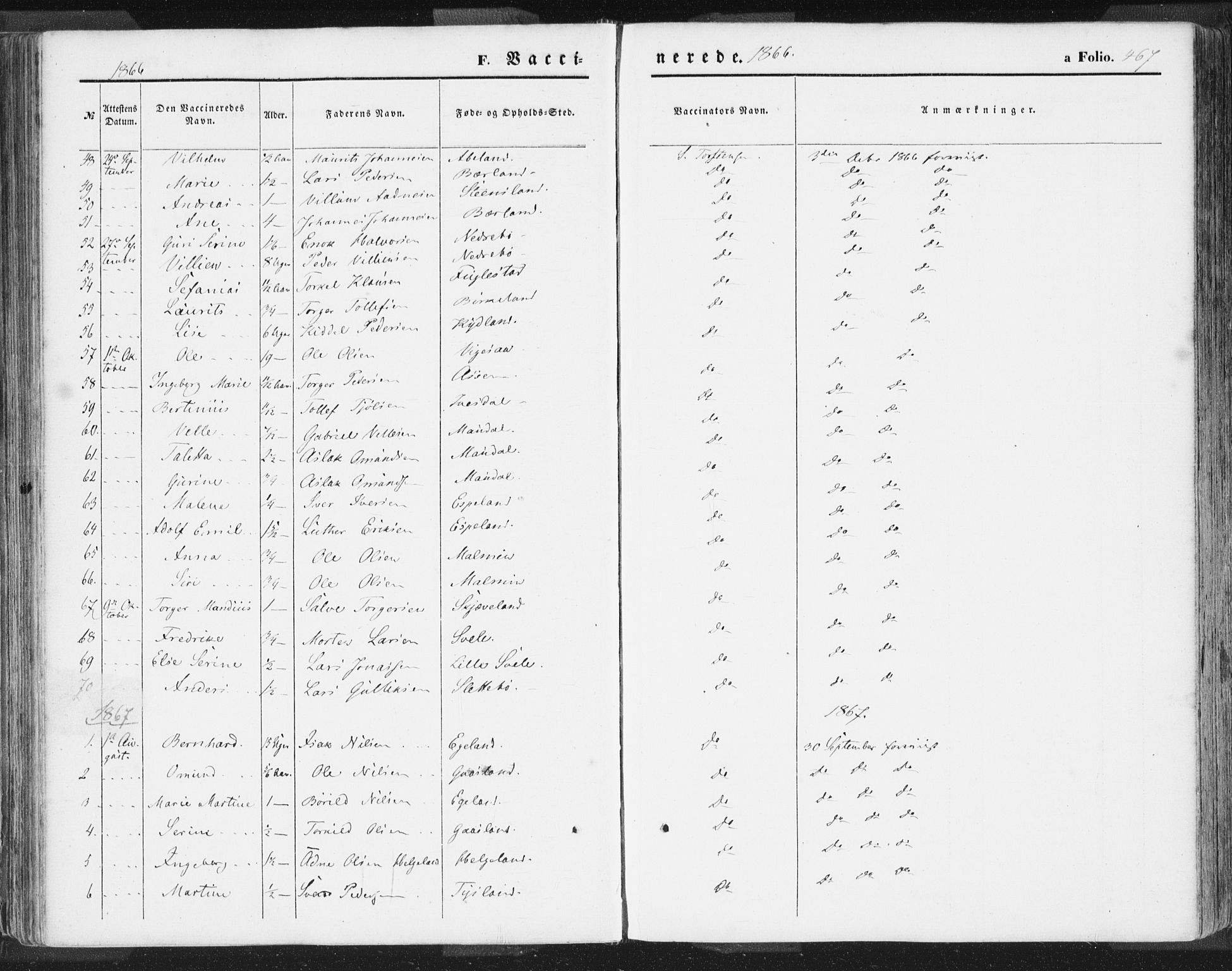 Helleland sokneprestkontor, AV/SAST-A-101810: Parish register (official) no. A 7.2, 1863-1886, p. 467