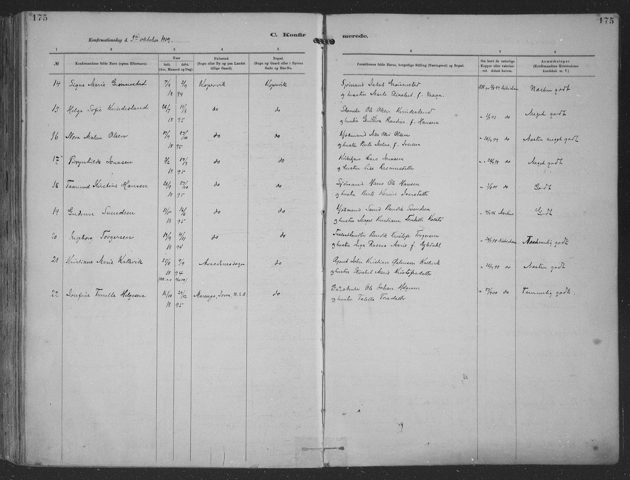 Kopervik sokneprestkontor, AV/SAST-A-101850/H/Ha/Haa/L0001: Parish register (official) no. A 1, 1880-1919, p. 175