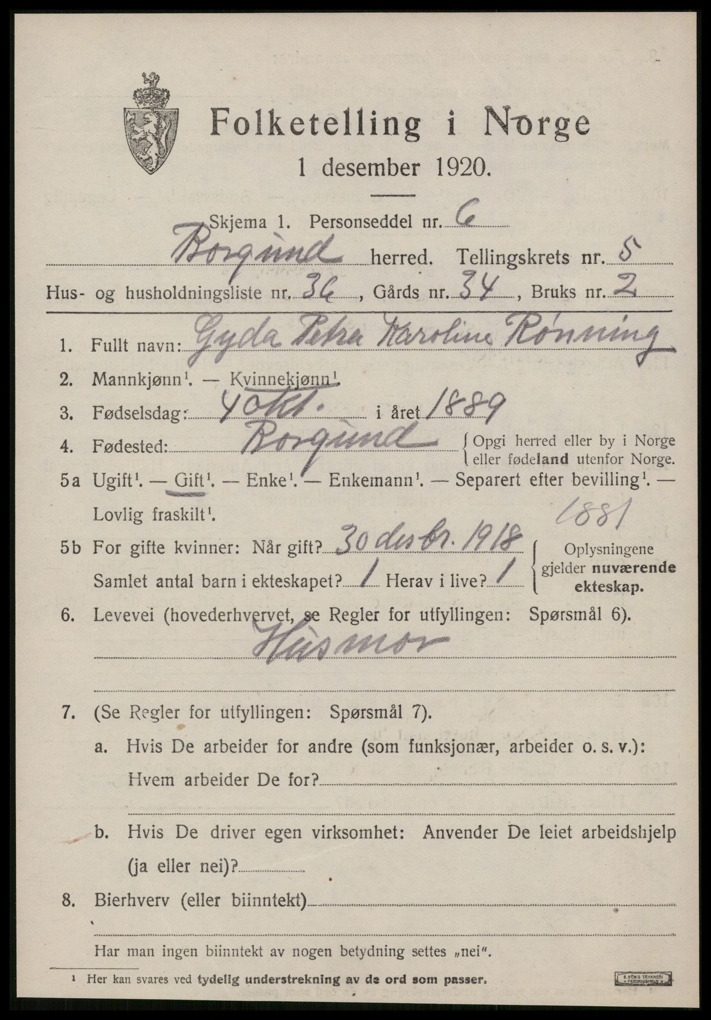 SAT, 1920 census for Borgund, 1920, p. 4990