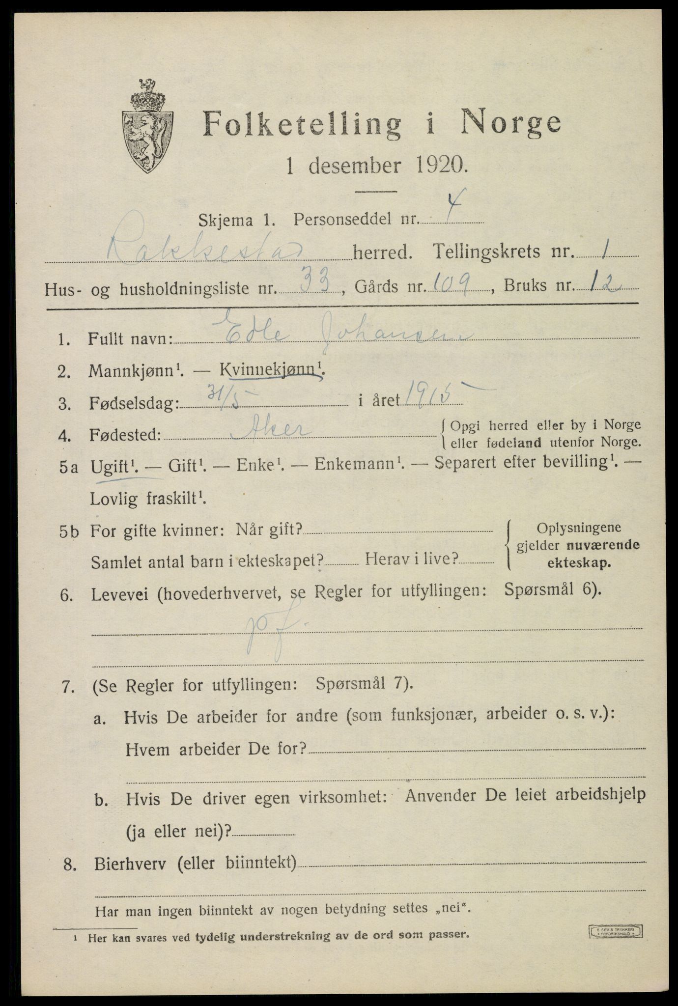 SAO, 1920 census for Rakkestad, 1920, p. 2047