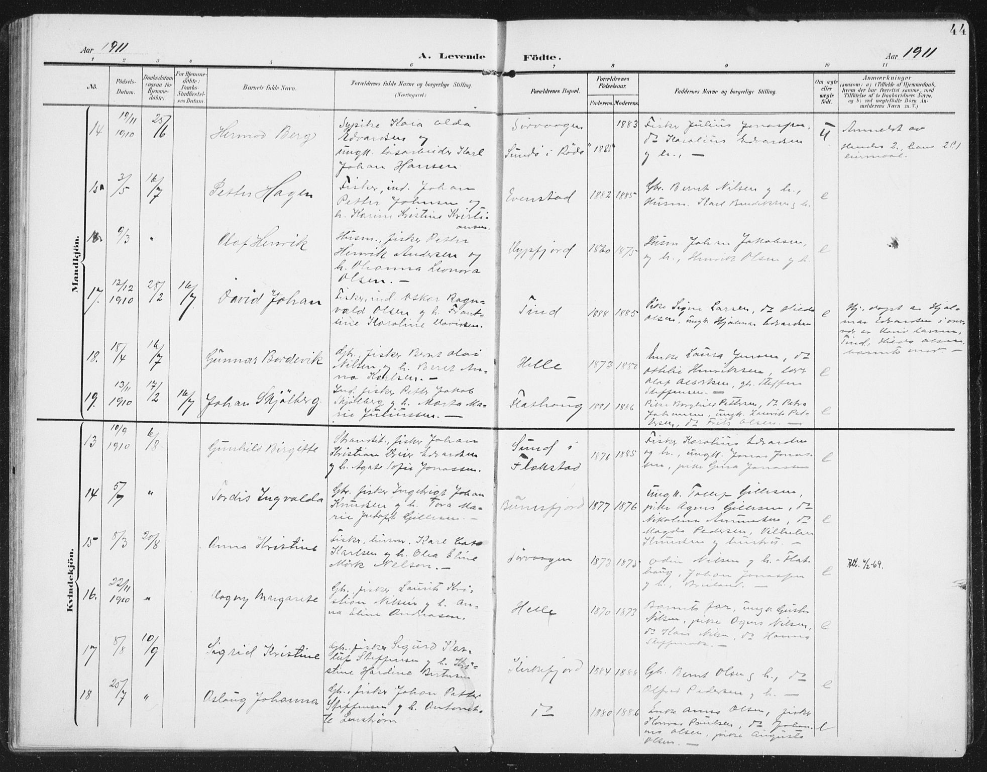 Ministerialprotokoller, klokkerbøker og fødselsregistre - Nordland, AV/SAT-A-1459/886/L1221: Parish register (official) no. 886A03, 1903-1913, p. 44