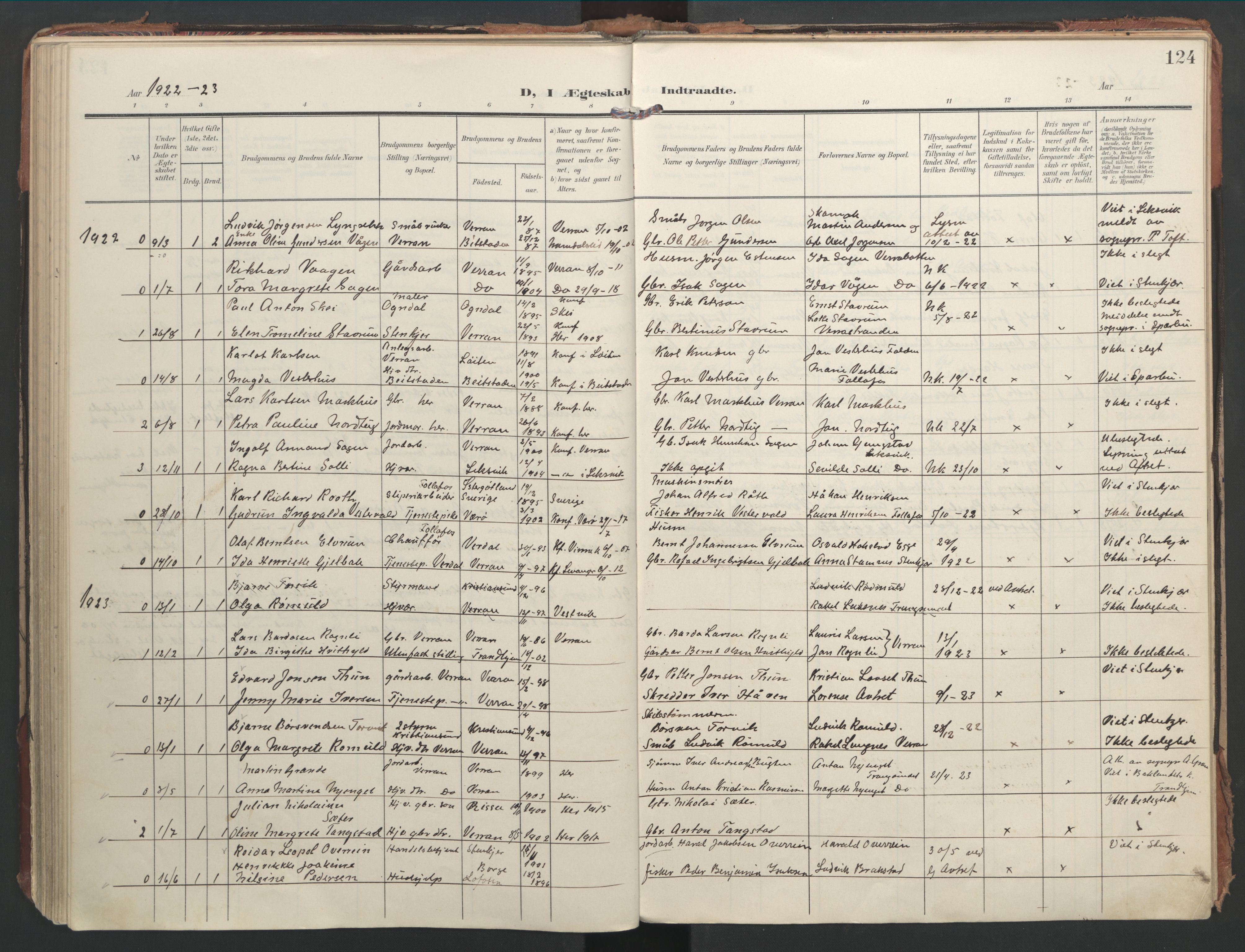 Ministerialprotokoller, klokkerbøker og fødselsregistre - Nord-Trøndelag, SAT/A-1458/744/L0421: Parish register (official) no. 744A05, 1905-1930, p. 124