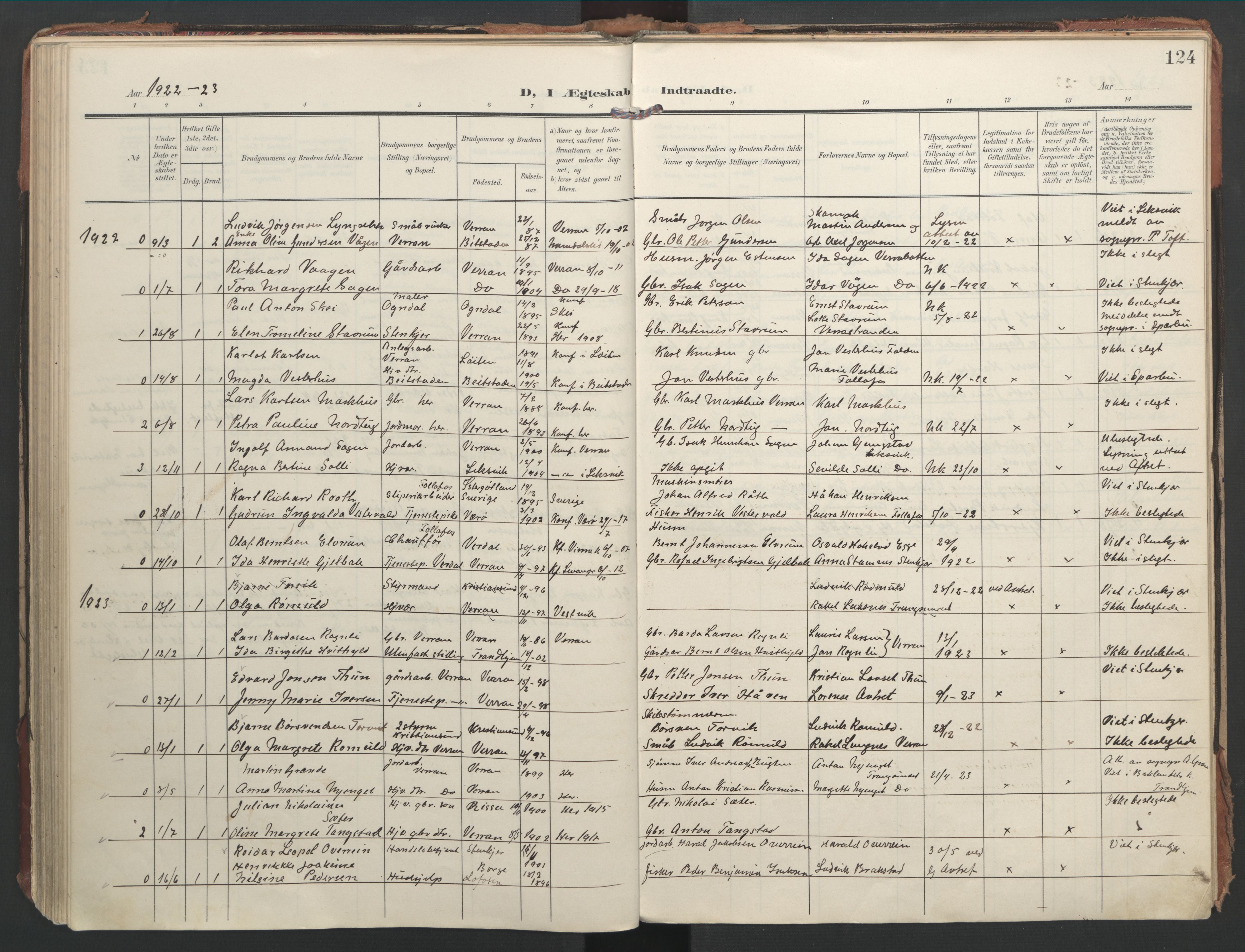 Ministerialprotokoller, klokkerbøker og fødselsregistre - Nord-Trøndelag, AV/SAT-A-1458/744/L0421: Parish register (official) no. 744A05, 1905-1930, p. 124