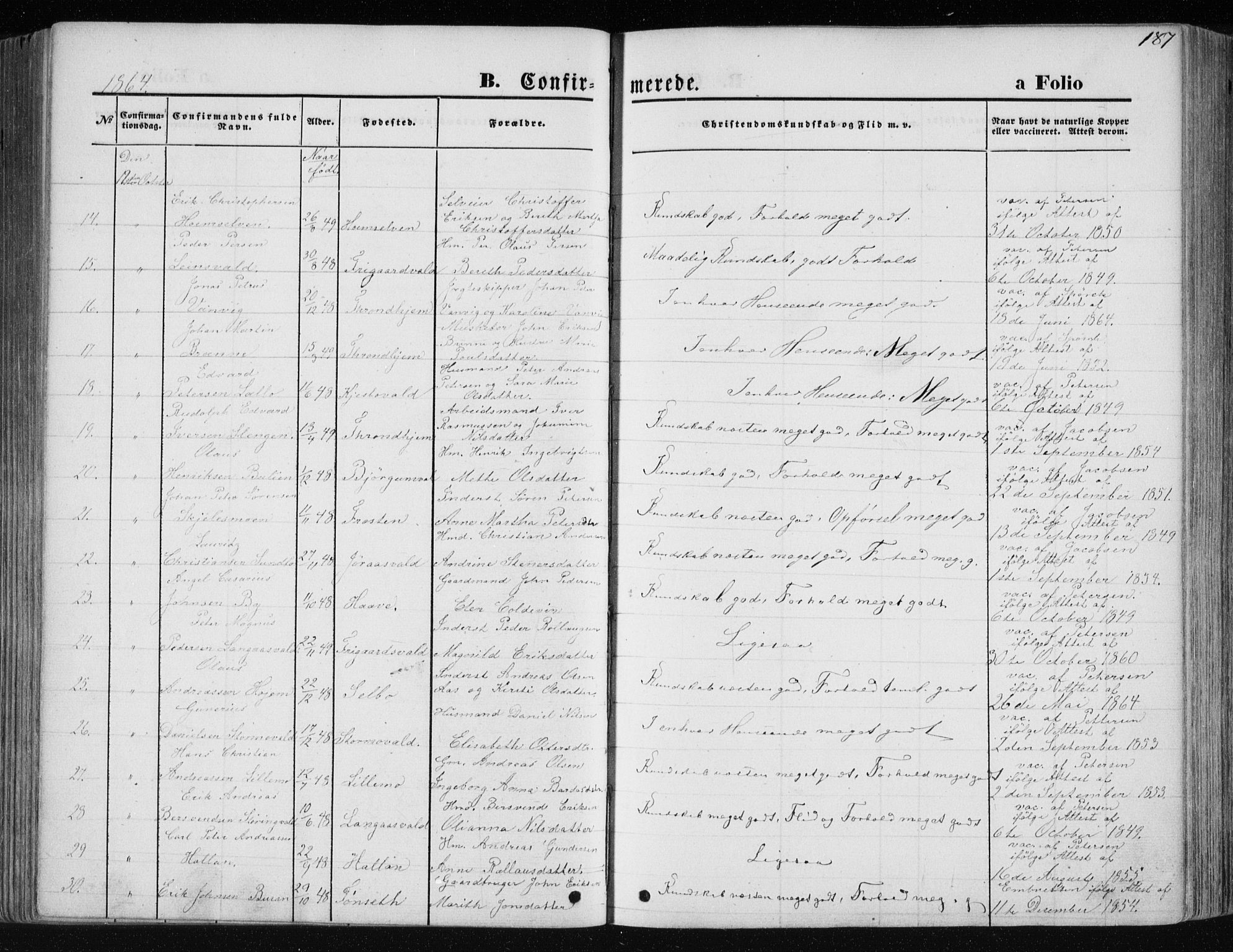 Ministerialprotokoller, klokkerbøker og fødselsregistre - Nord-Trøndelag, SAT/A-1458/717/L0157: Parish register (official) no. 717A08 /1, 1863-1877, p. 187