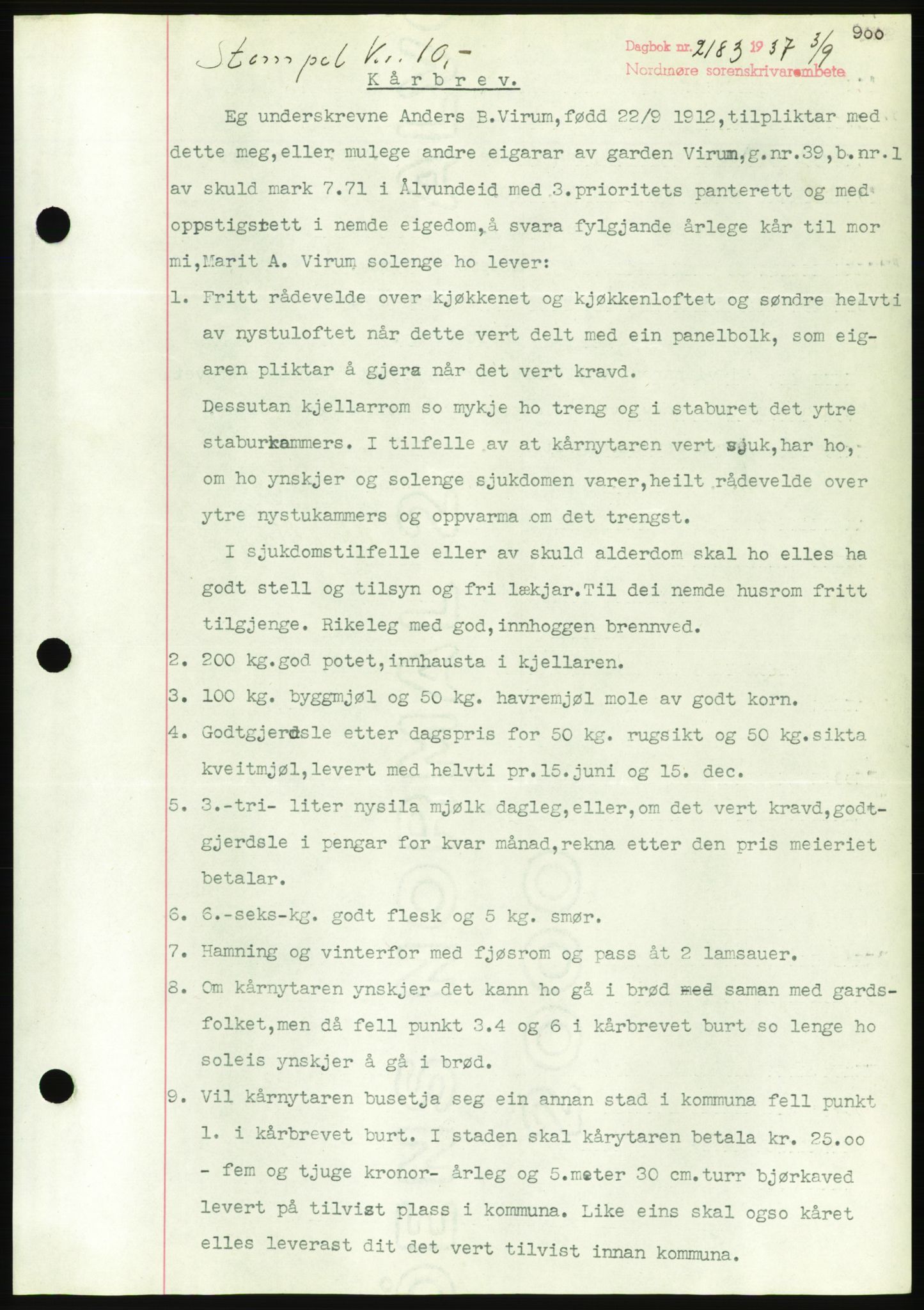 Nordmøre sorenskriveri, AV/SAT-A-4132/1/2/2Ca/L0091: Mortgage book no. B81, 1937-1937, Diary no: : 2183/1937