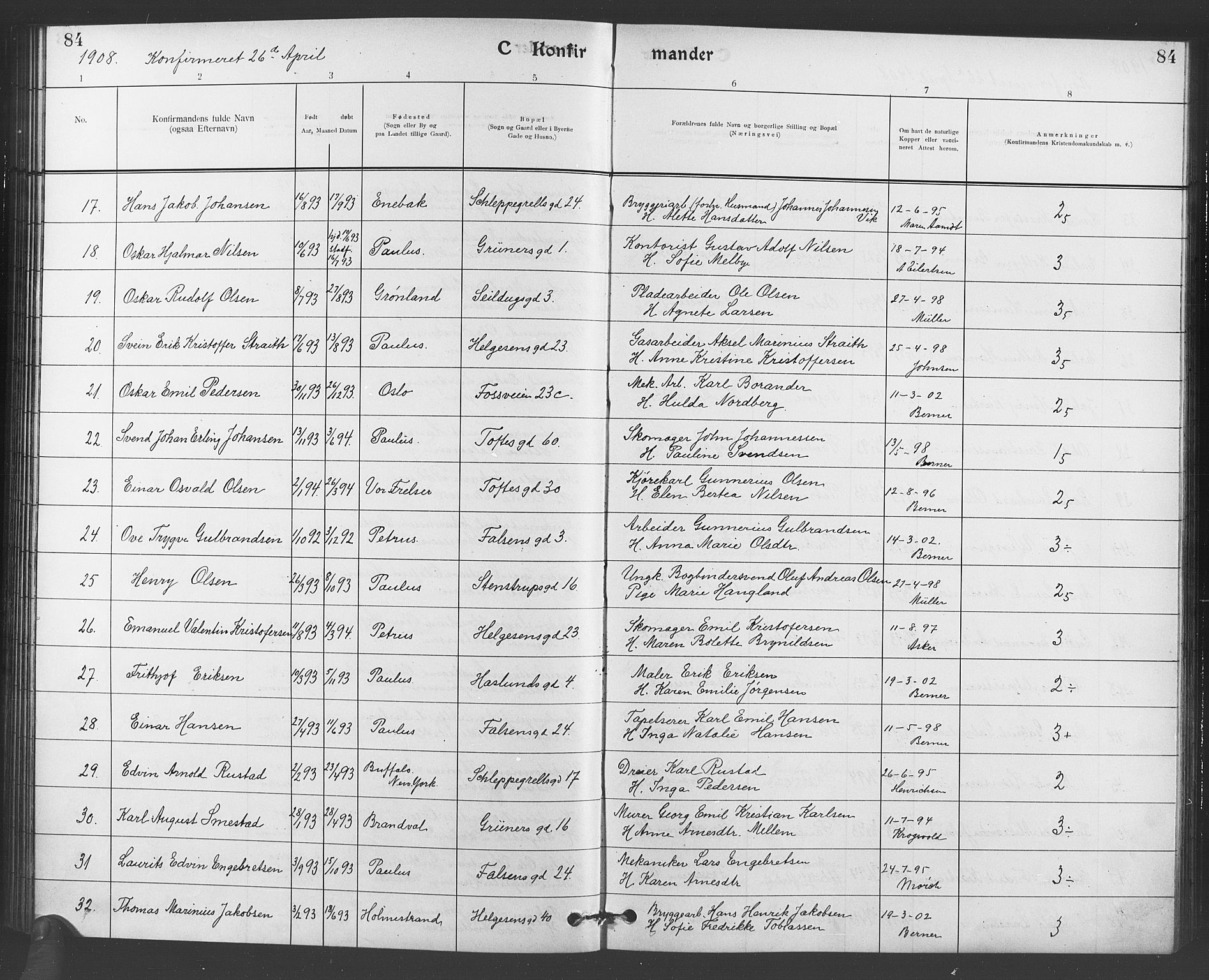 Paulus prestekontor Kirkebøker, AV/SAO-A-10871/F/Fa/L0008: Parish register (official) no. 8, 1904-1912, p. 84