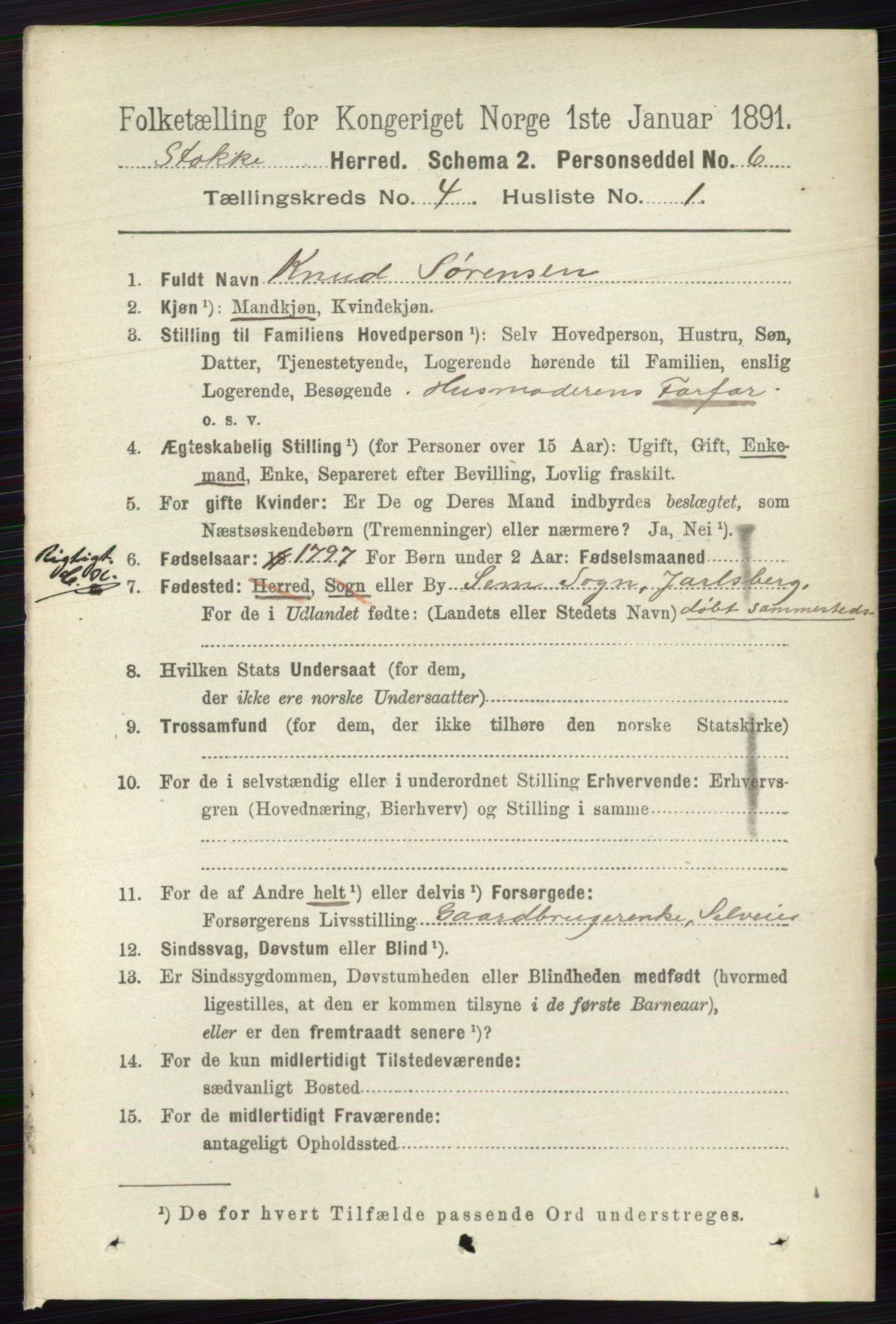 RA, 1891 census for 0720 Stokke, 1891, p. 2447