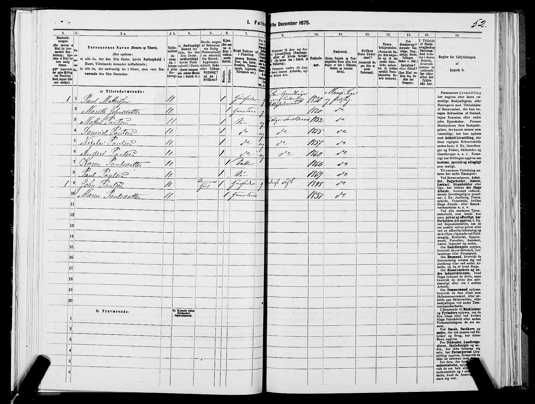 SATØ, 1875 census for 2018P Måsøy, 1875, p. 1052