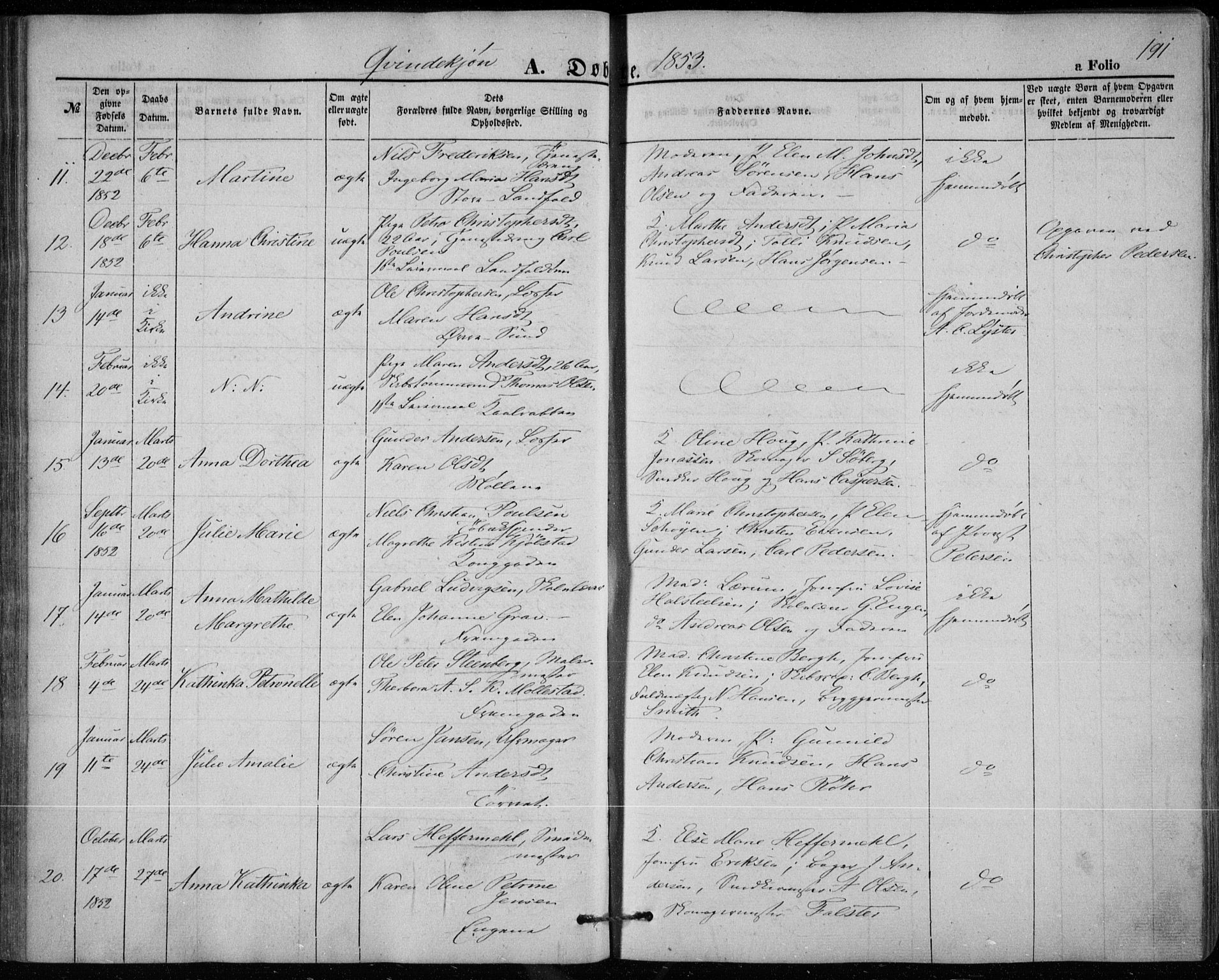 Bragernes kirkebøker, AV/SAKO-A-6/F/Fb/L0002: Parish register (official) no. II 2, 1848-1859, p. 191