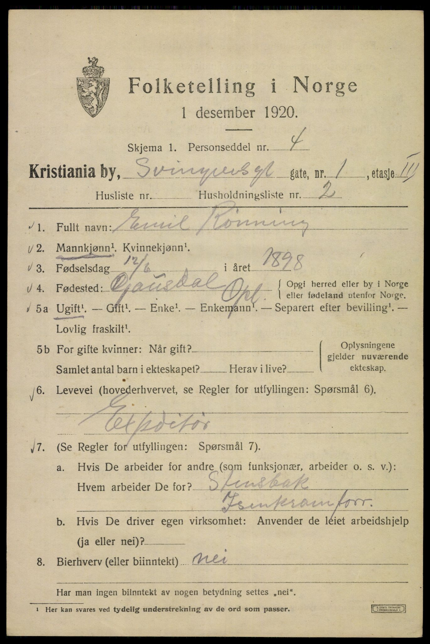 SAO, 1920 census for Kristiania, 1920, p. 560185