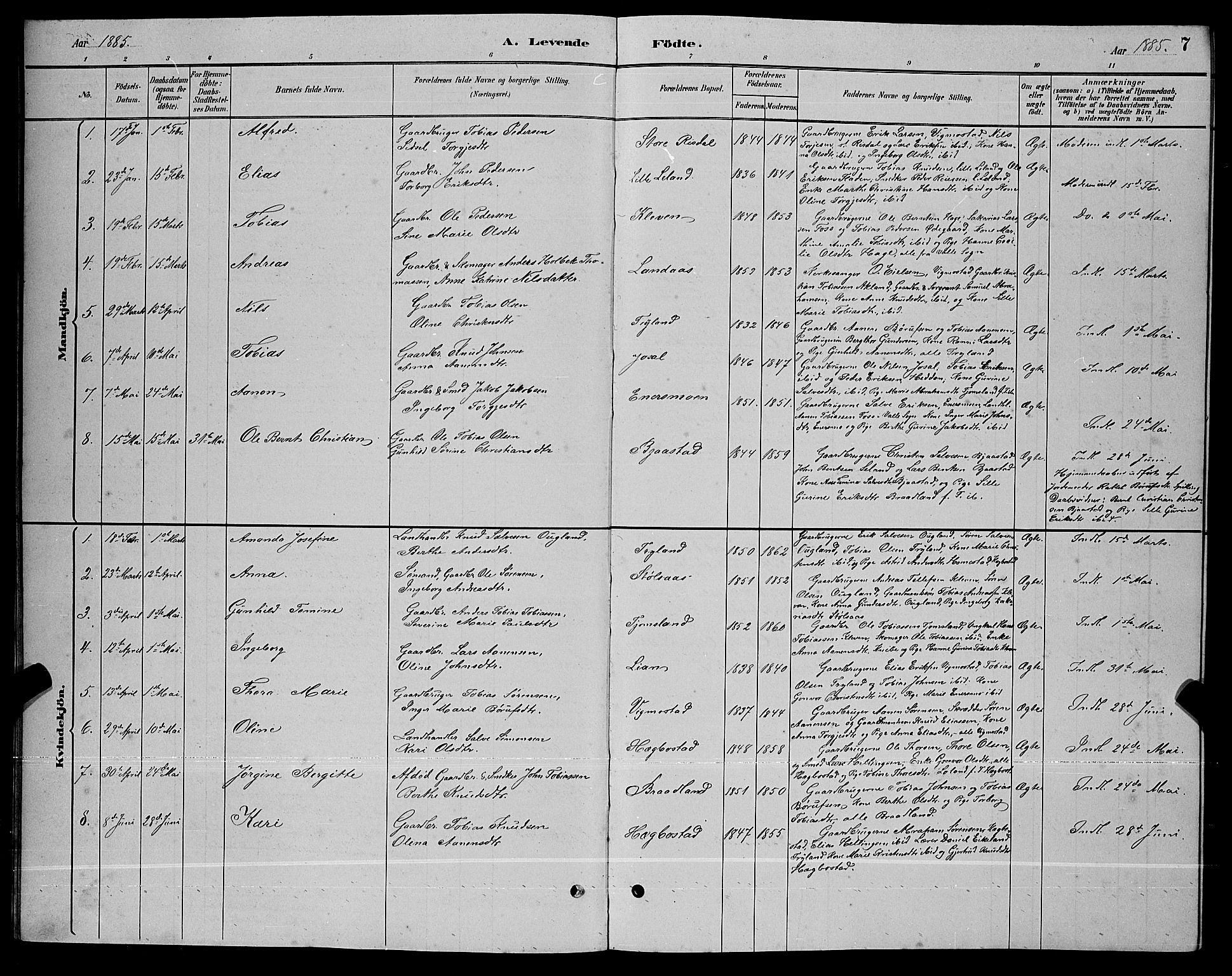 Nord-Audnedal sokneprestkontor, AV/SAK-1111-0032/F/Fb/Fbb/L0003: Parish register (copy) no. B 3, 1882-1900, p. 7