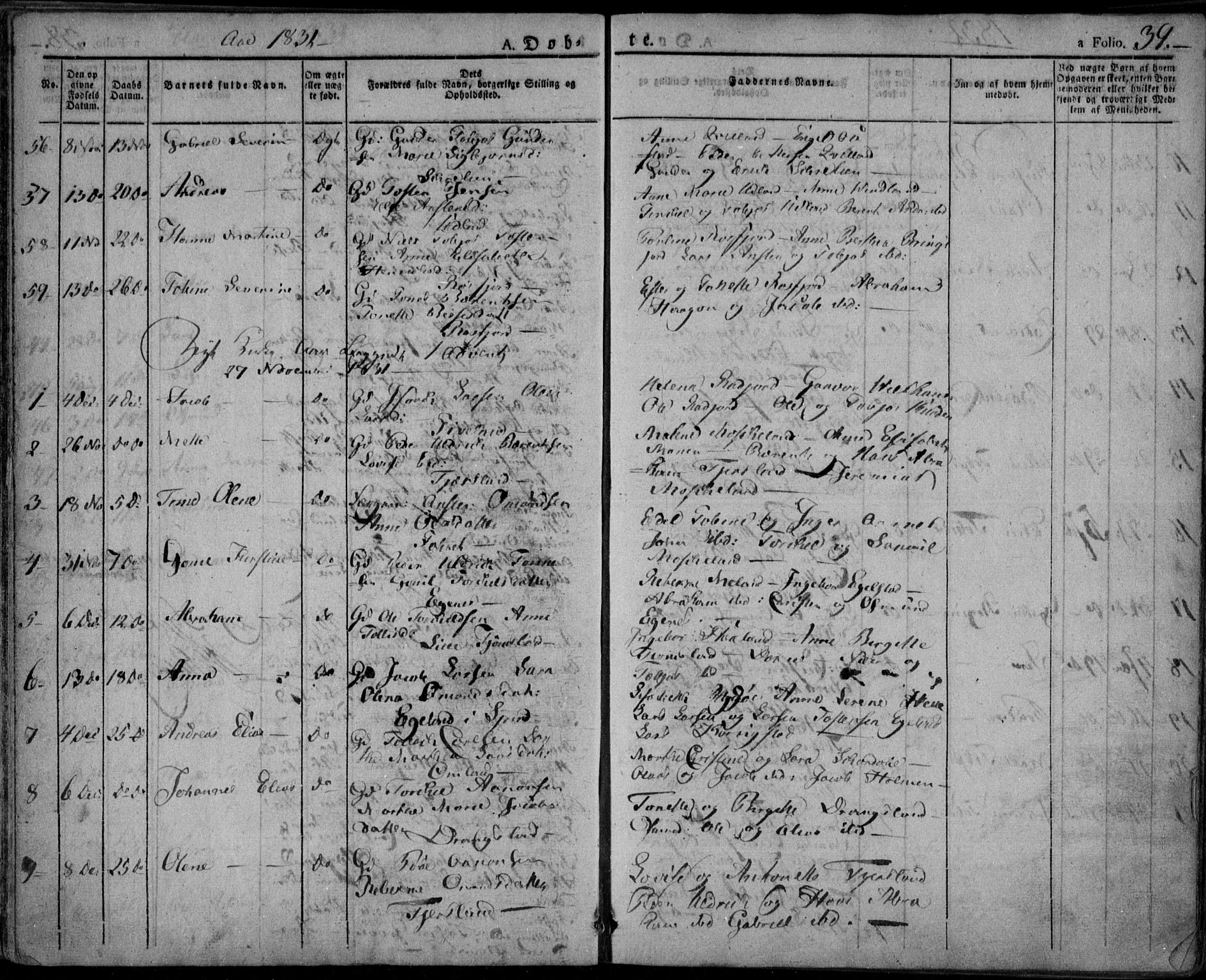 Lyngdal sokneprestkontor, AV/SAK-1111-0029/F/Fa/Fac/L0007: Parish register (official) no. A 7, 1825-1838, p. 39