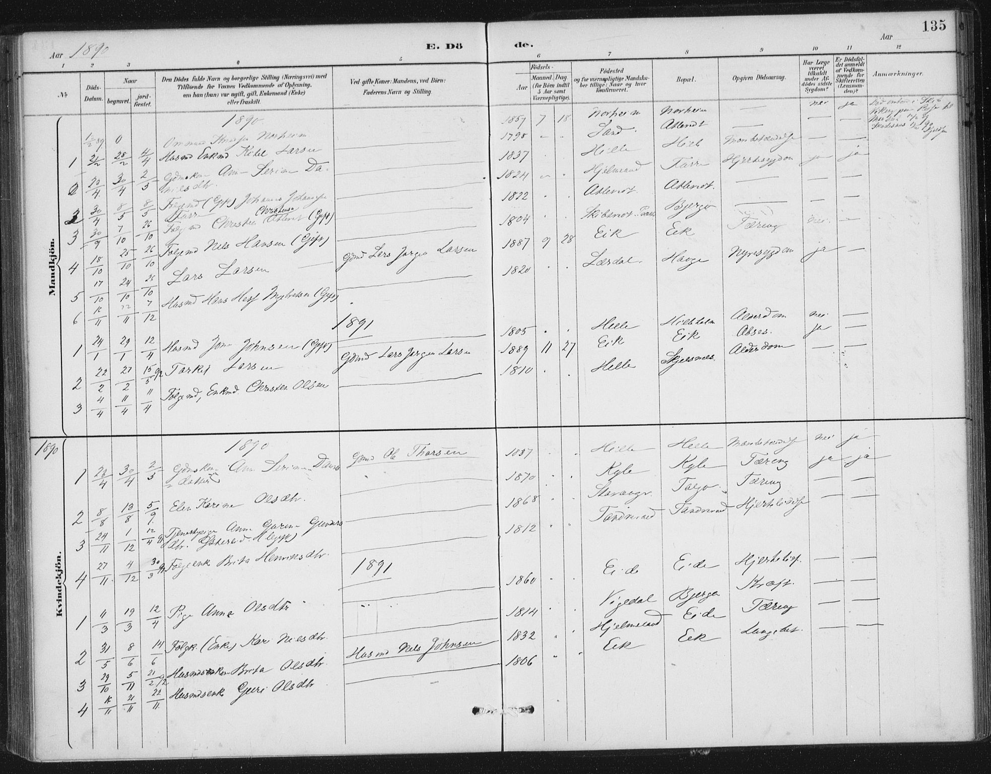 Nedstrand sokneprestkontor, AV/SAST-A-101841/01/IV: Parish register (official) no. A 13, 1887-1915, p. 135