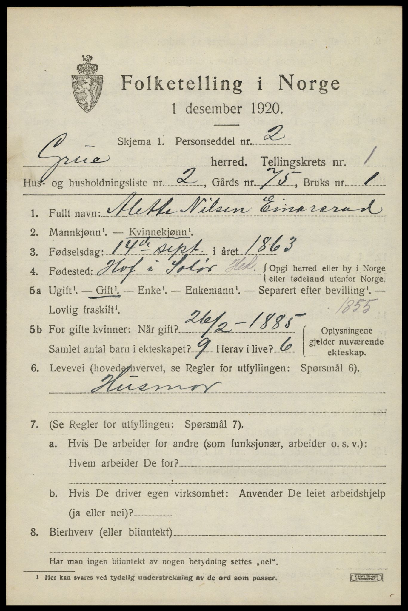 SAH, 1920 census for Grue, 1920, p. 2495