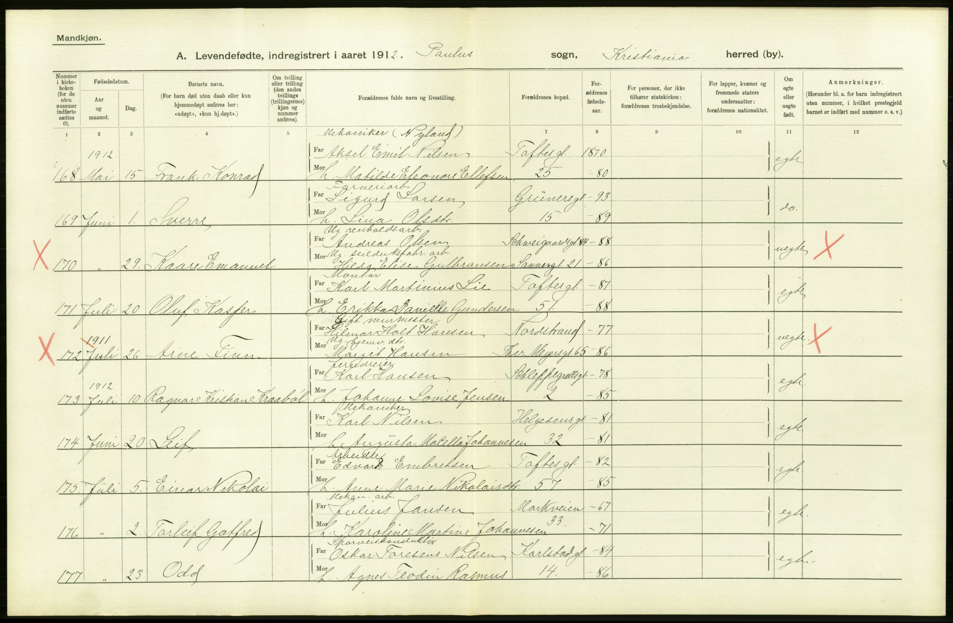 Statistisk sentralbyrå, Sosiodemografiske emner, Befolkning, RA/S-2228/D/Df/Dfb/Dfbb/L0006: Kristiania:  Levendefødte menn og kvinner., 1912, p. 174