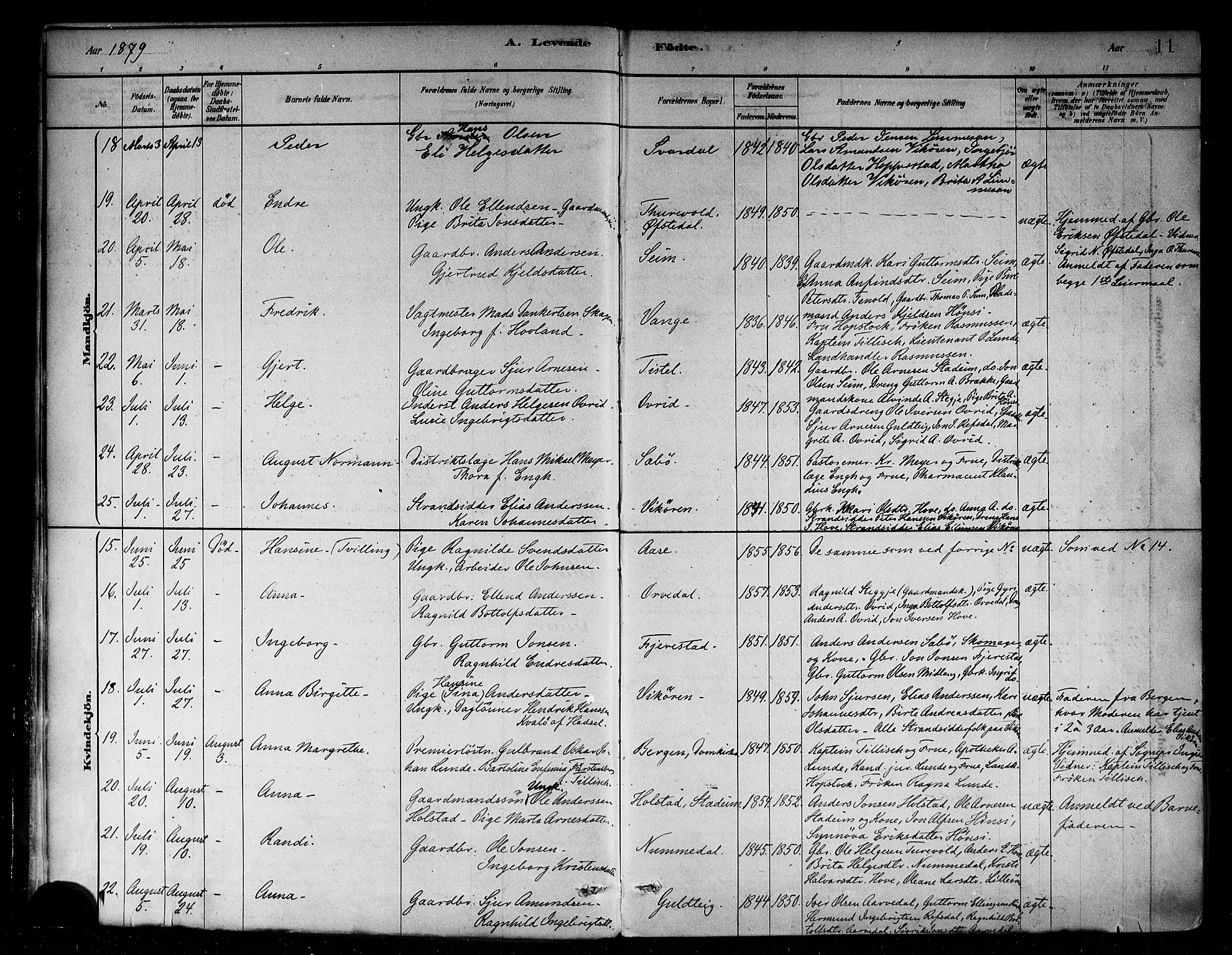 Vik sokneprestembete, AV/SAB-A-81501/H/Haa/Haab/L0001: Parish register (official) no. B 1, 1878-1890, p. 11