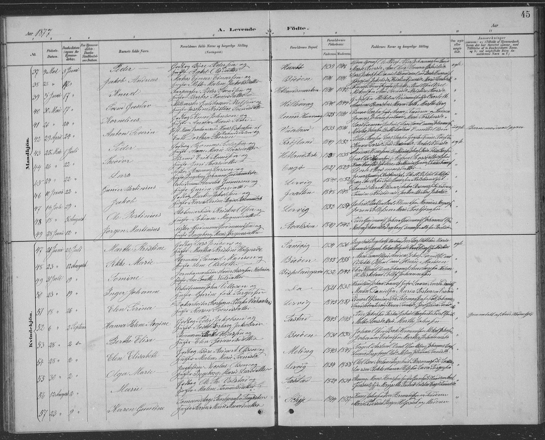 Hetland sokneprestkontor, AV/SAST-A-101826/30/30BB/L0004: Parish register (copy) no. B 4, 1869-1877, p. 45