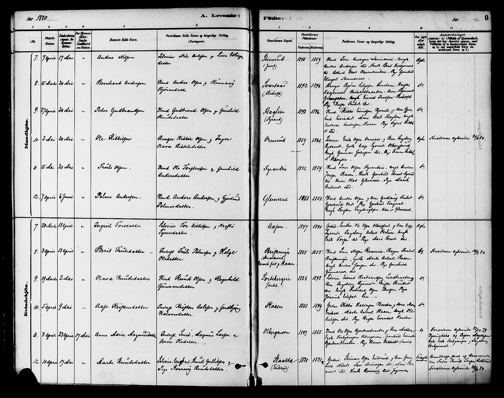 Krødsherad kirkebøker, SAKO/A-19/G/Ga/L0001: Parish register (copy) no. 1, 1879-1893, p. 9